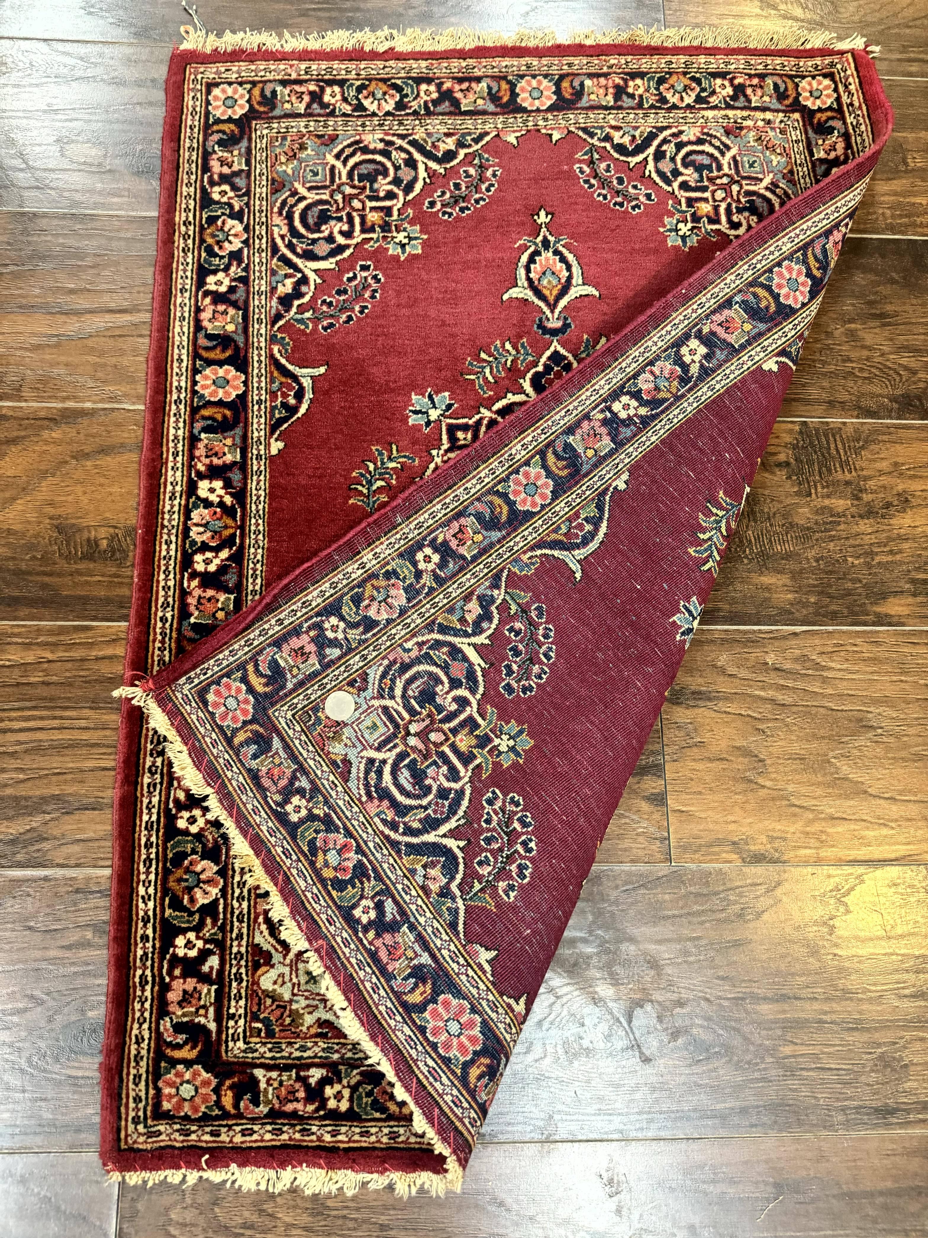 Small Persian Kashan Rug 2x3, Red and Navy Blue, Handmade Vintage Wool Semi Antique Persian Carpet, Semi Open Field - Image 8