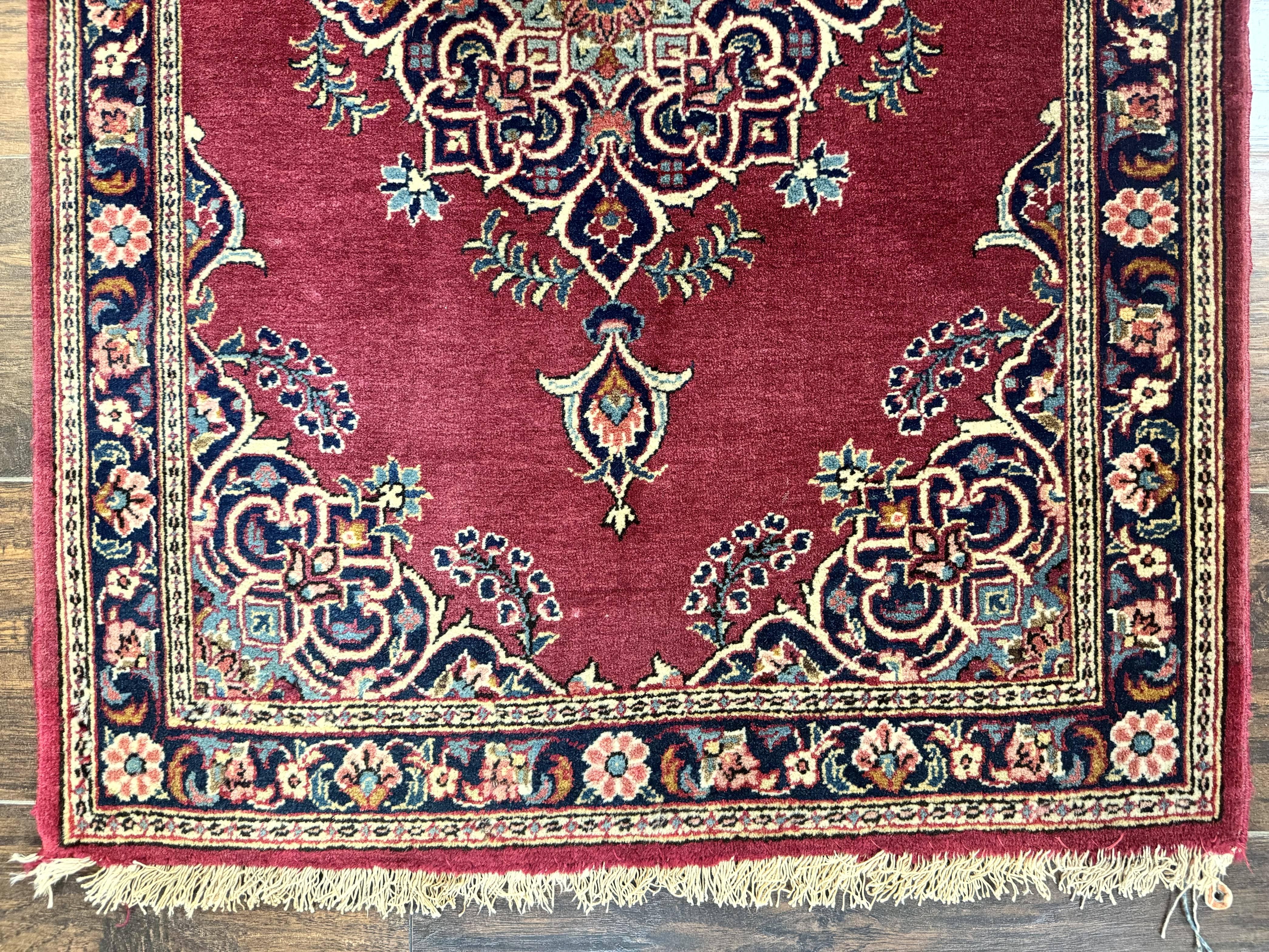 Small Persian Kashan Rug 2x3, Red and Navy Blue, Handmade Vintage Wool Semi Antique Persian Carpet, Semi Open Field - Image 9