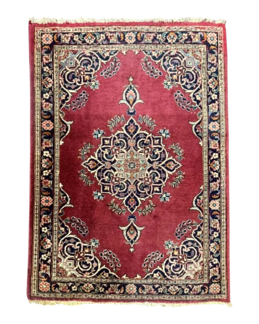 Small Persian Kashan Rug 2x3, Red and Navy Blue, Handmade Vintage Wool Semi Antique Persian Carpet, Semi Open Field, Pair B