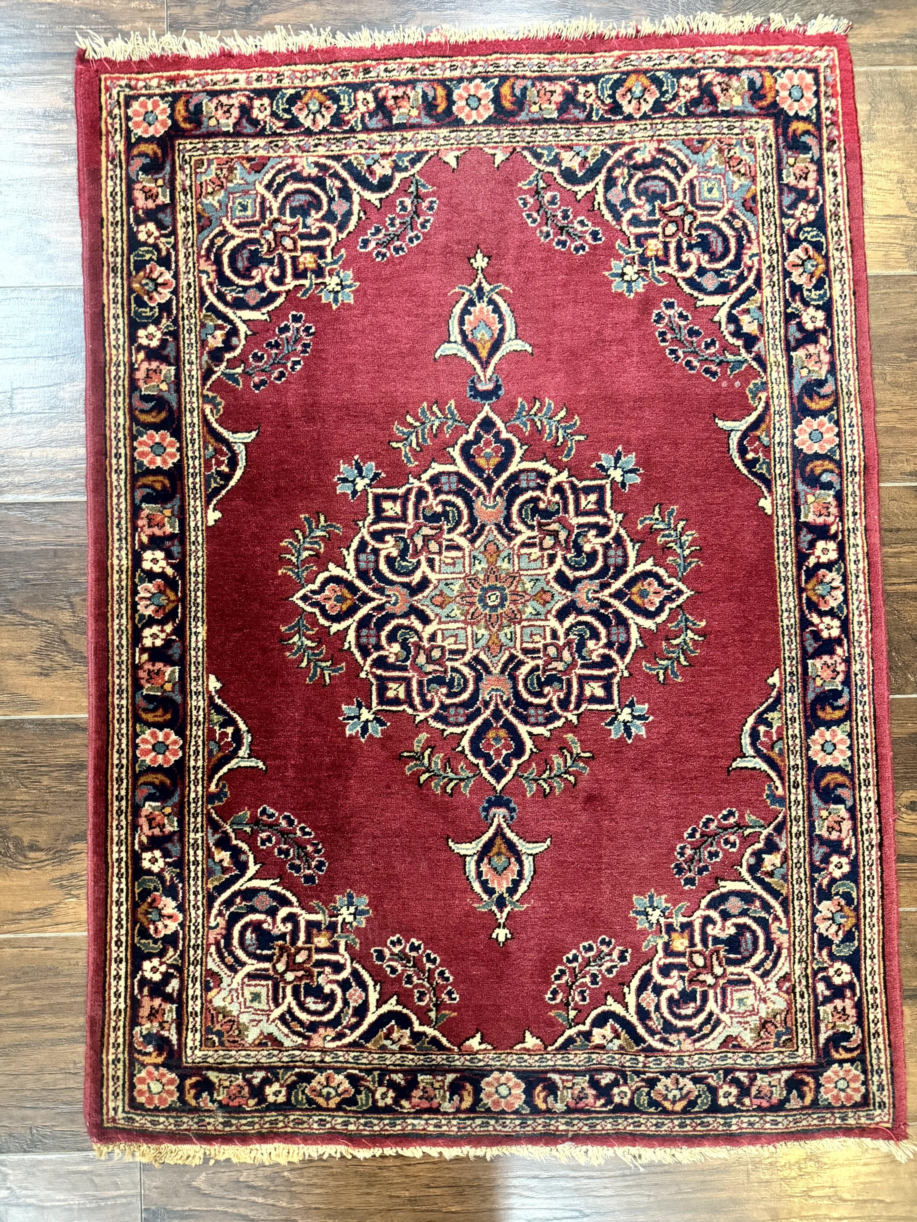 Small Persian Kashan Rug 2x3, Red and Navy Blue, Handmade Vintage Wool Semi Antique Persian Carpet, Semi Open Field, Pair B - Image 2