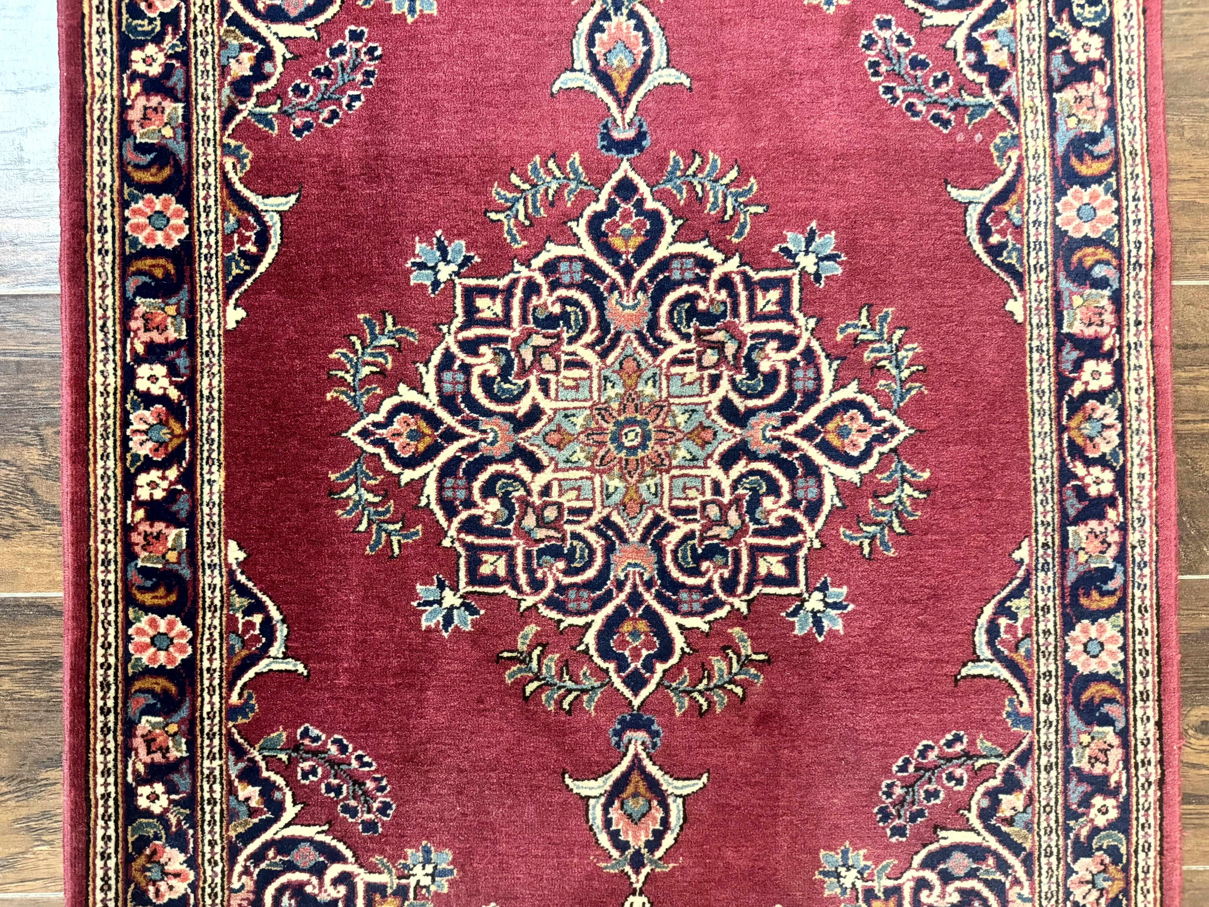 Small Persian Kashan Rug 2x3, Red and Navy Blue, Handmade Vintage Wool Semi Antique Persian Carpet, Semi Open Field, Pair B - Image 3