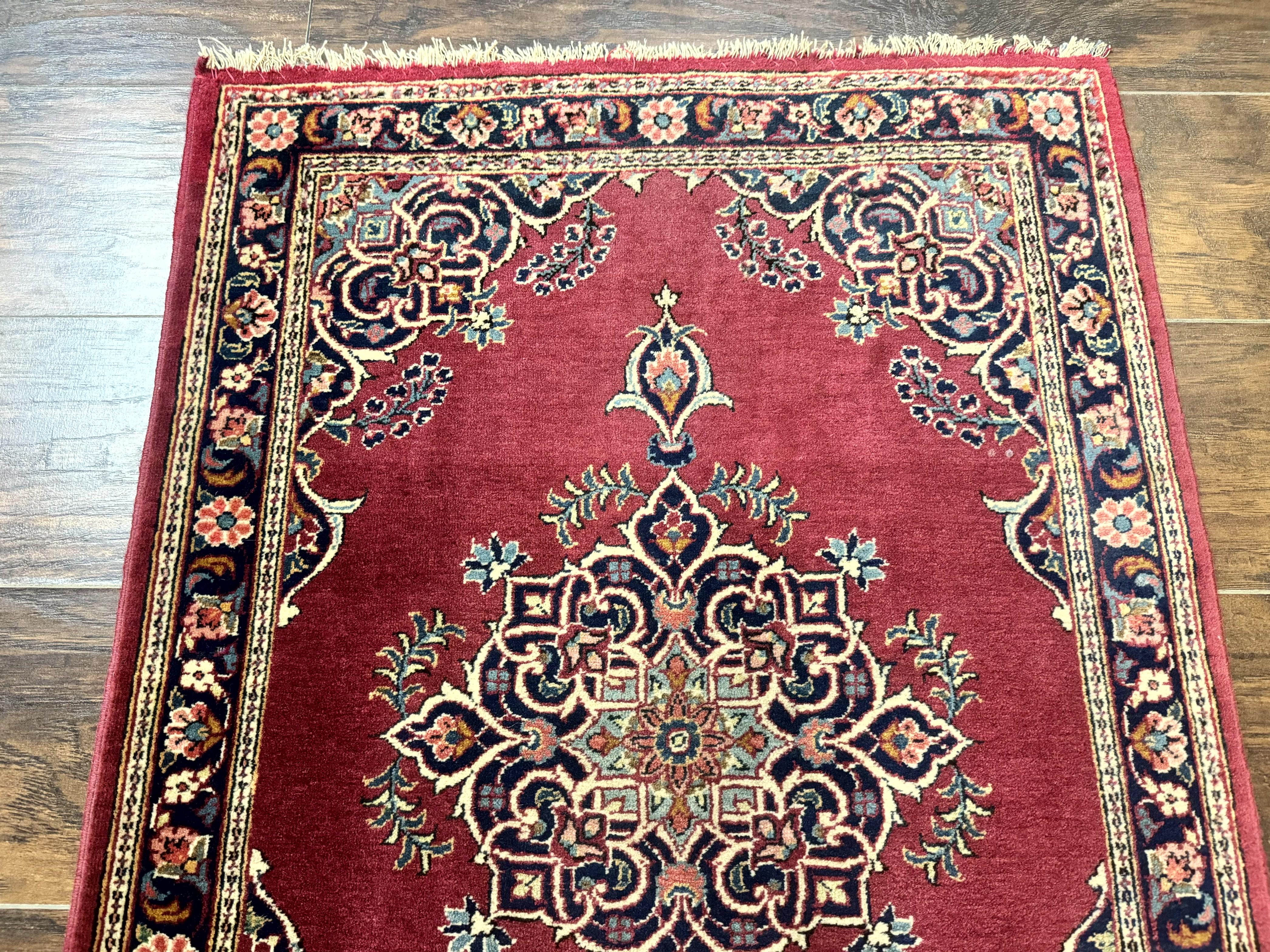 Small Persian Kashan Rug 2x3, Red and Navy Blue, Handmade Vintage Wool Semi Antique Persian Carpet, Semi Open Field, Pair B - Image 4