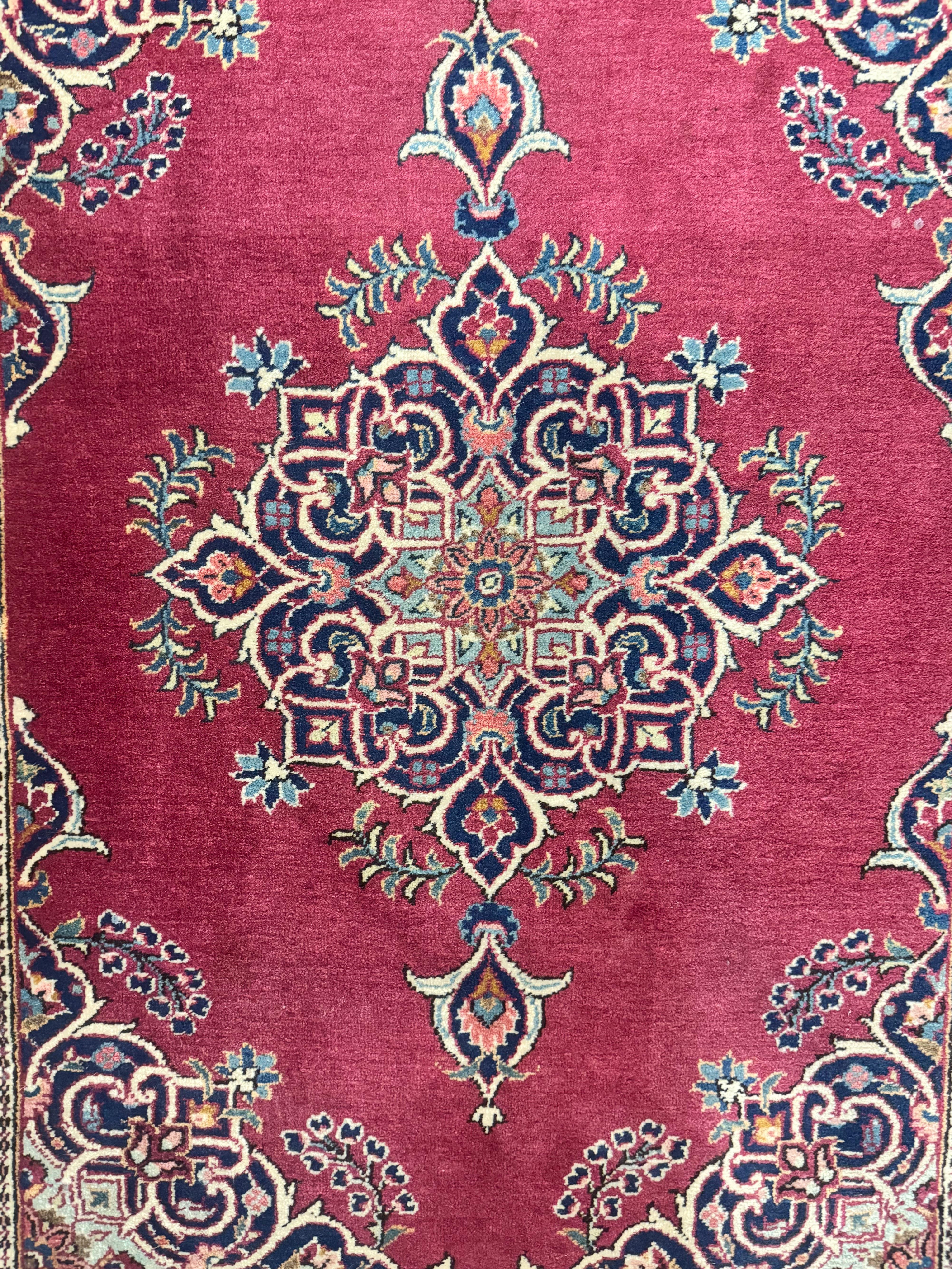 Small Persian Kashan Rug 2x3, Red and Navy Blue, Handmade Vintage Wool Semi Antique Persian Carpet, Semi Open Field, Pair B - Image 5