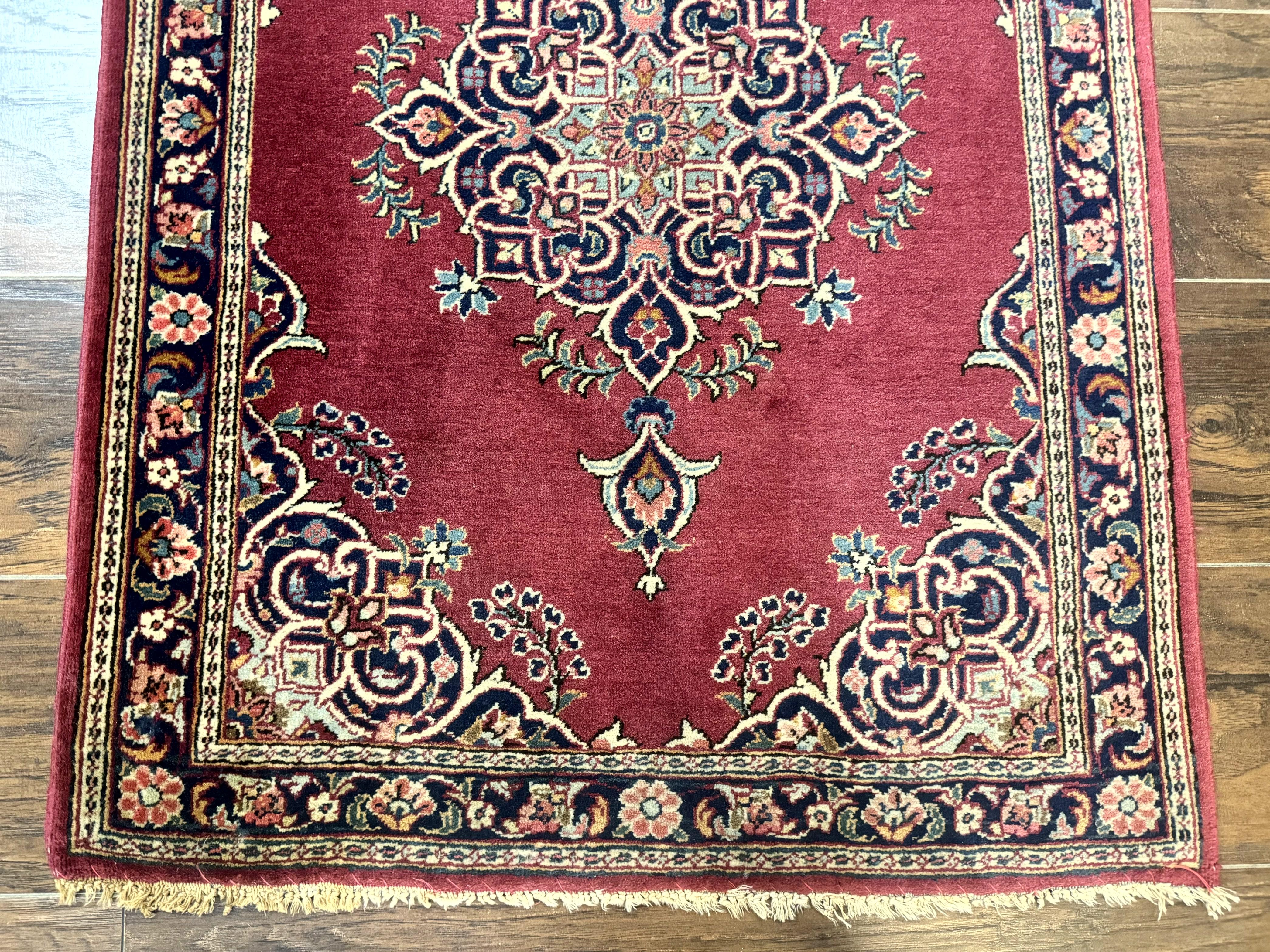 Small Persian Kashan Rug 2x3, Red and Navy Blue, Handmade Vintage Wool Semi Antique Persian Carpet, Semi Open Field, Pair B - Image 6