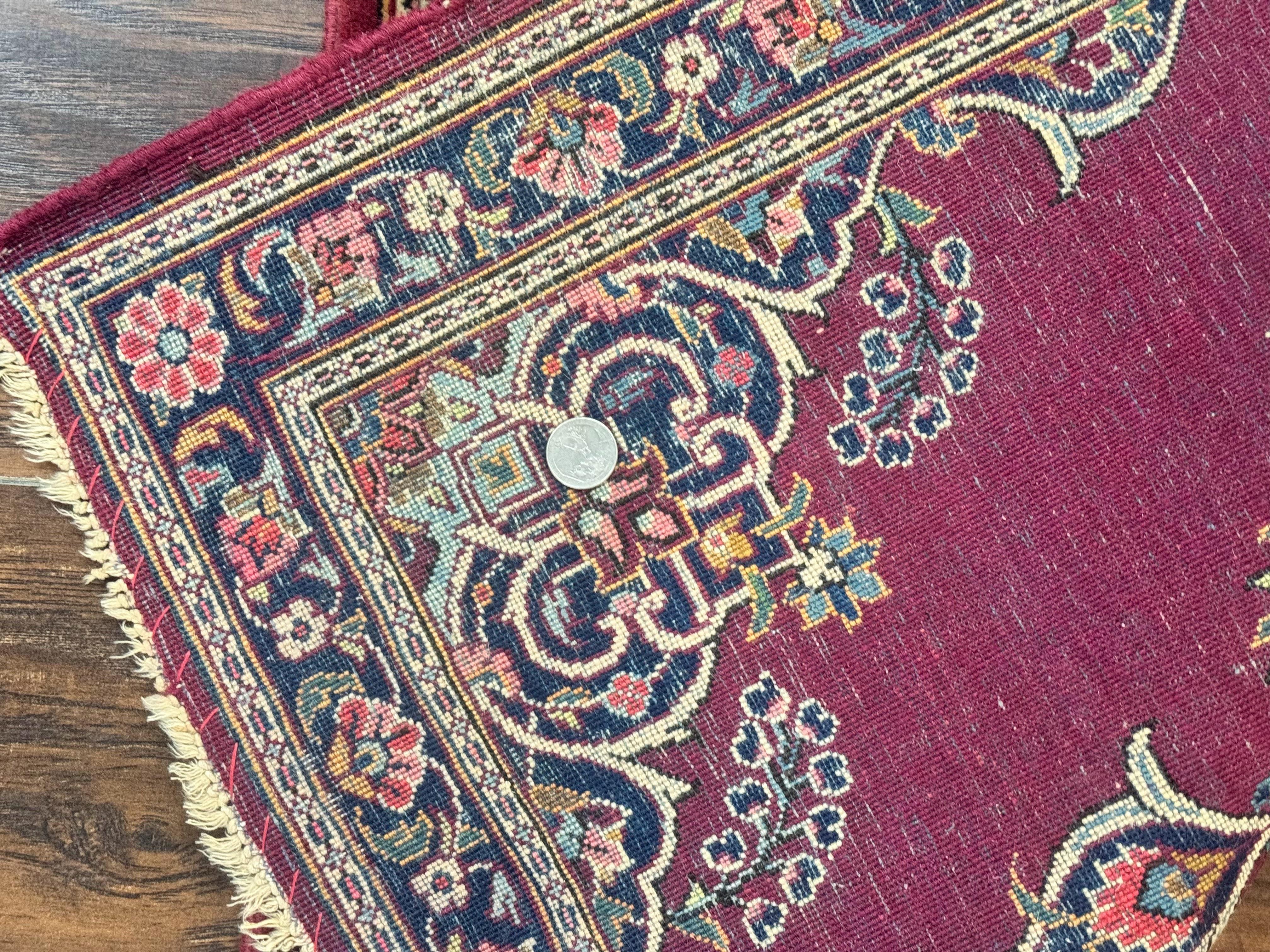 Small Persian Kashan Rug 2x3, Red and Navy Blue, Handmade Vintage Wool Semi Antique Persian Carpet, Semi Open Field, Pair B - Image 7