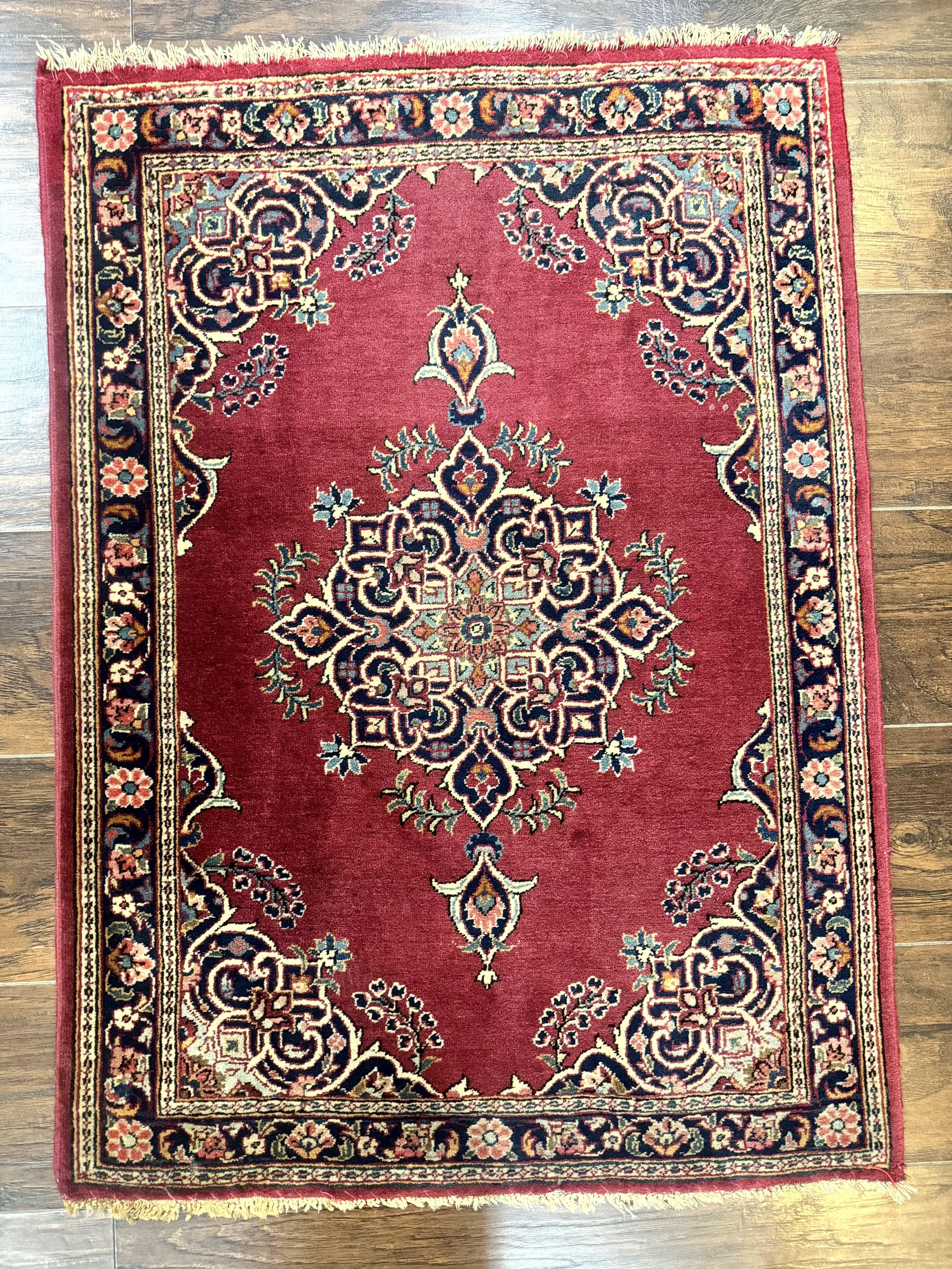 Small Persian Kashan Rug 2x3, Red and Navy Blue, Handmade Vintage Wool Semi Antique Persian Carpet, Semi Open Field, Pair B - Image 9