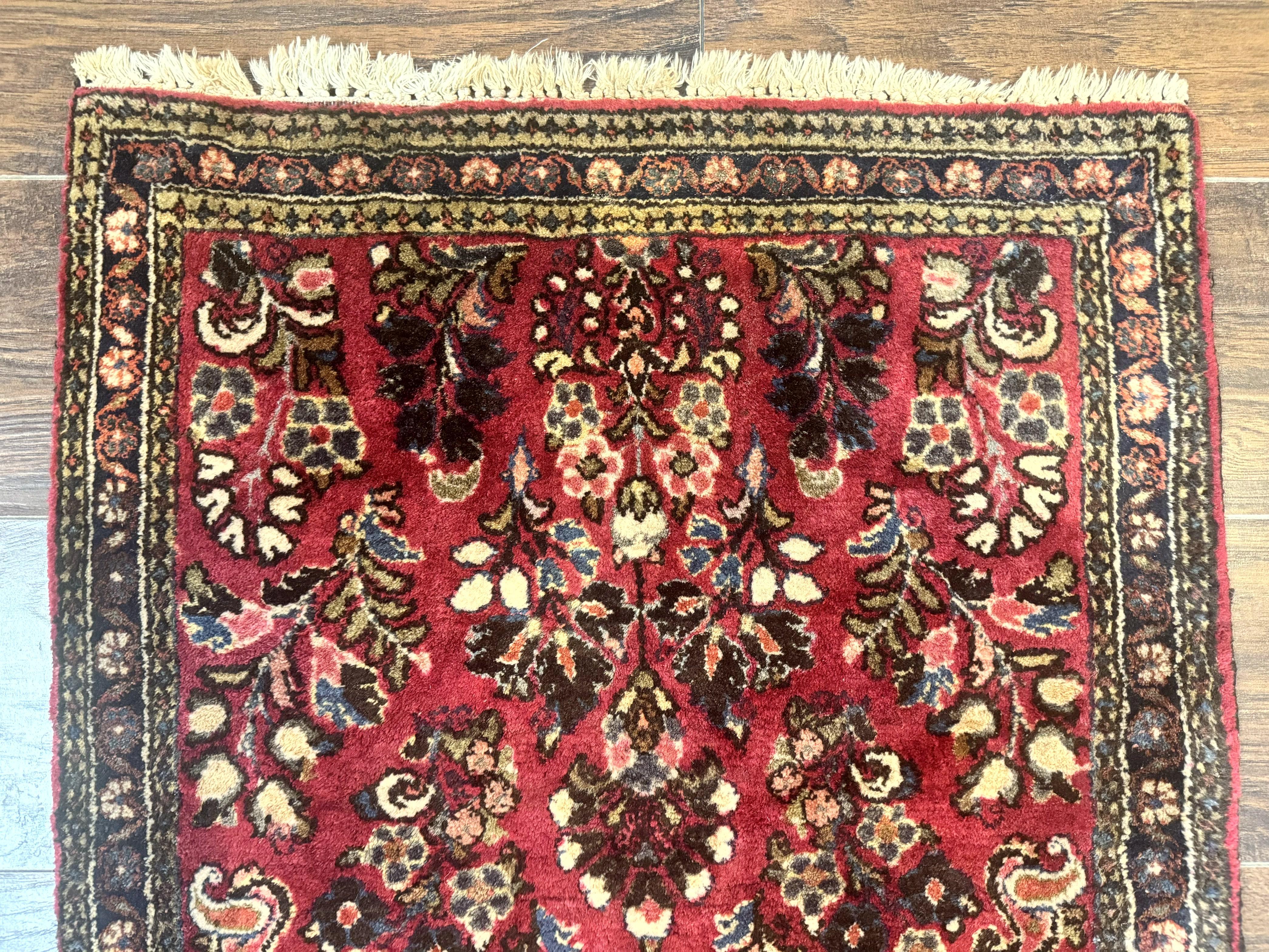 Small Persian Sarouk Rug 2x4, Floral, Red Hand Knotted Wool Traditional Oriental Carpet, Antique Persian Rug 2 x 4 - Image 3