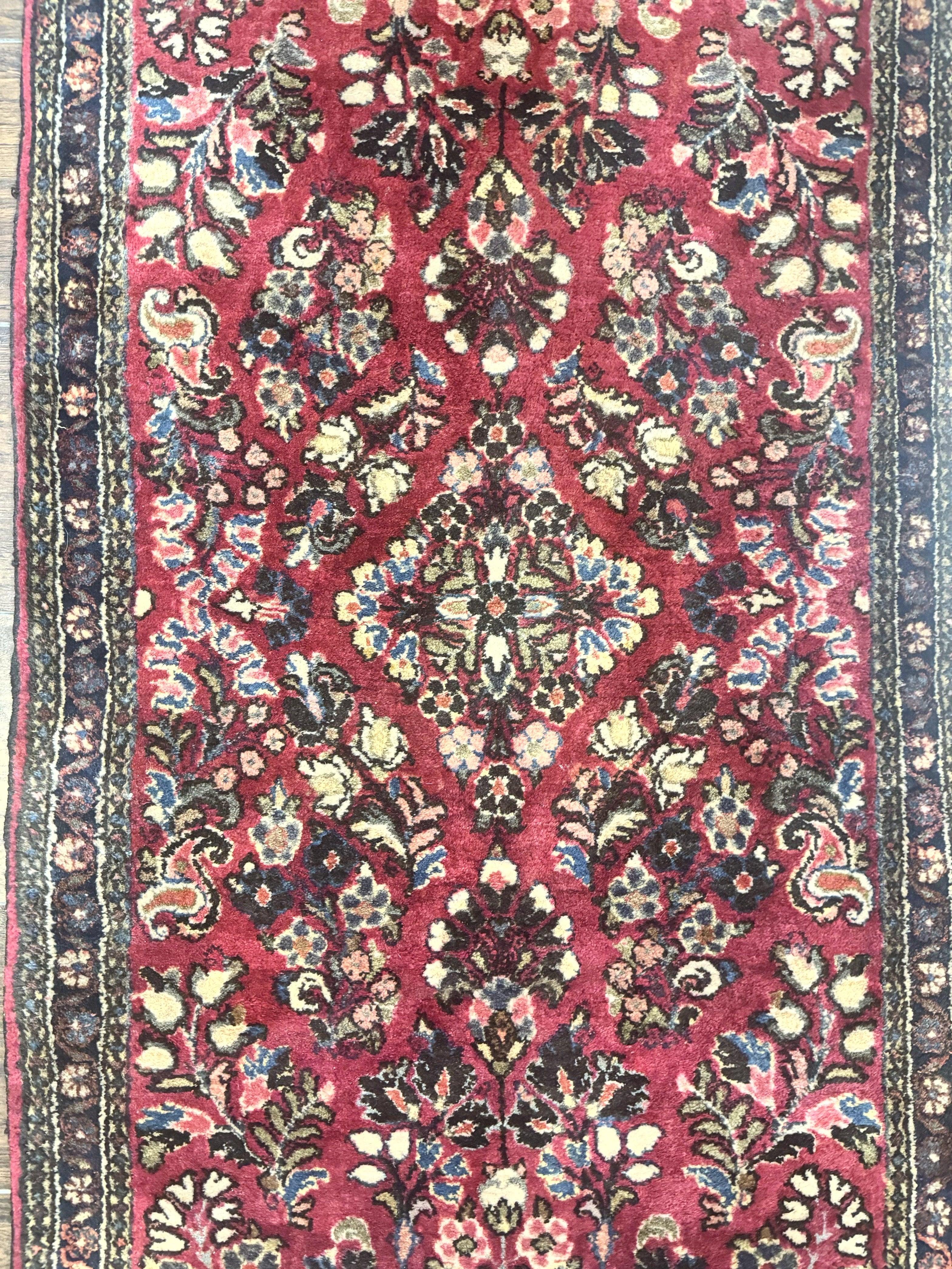 Small Persian Sarouk Rug 2x4, Floral, Red Hand Knotted Wool Traditional Oriental Carpet, Antique Persian Rug 2 x 4 - Image 4