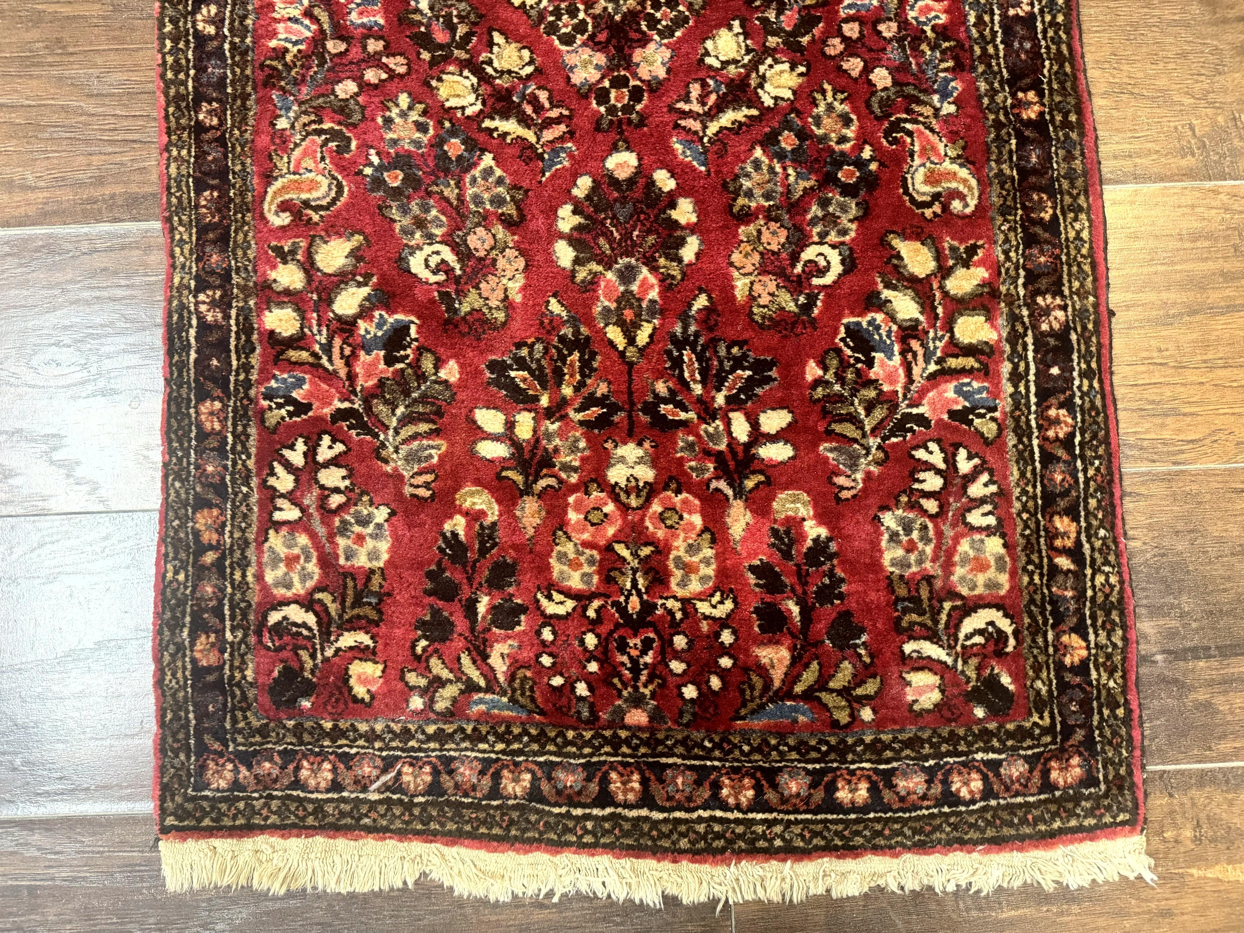Small Persian Sarouk Rug 2x4, Floral, Red Hand Knotted Wool Traditional Oriental Carpet, Antique Persian Rug 2 x 4 - Image 5
