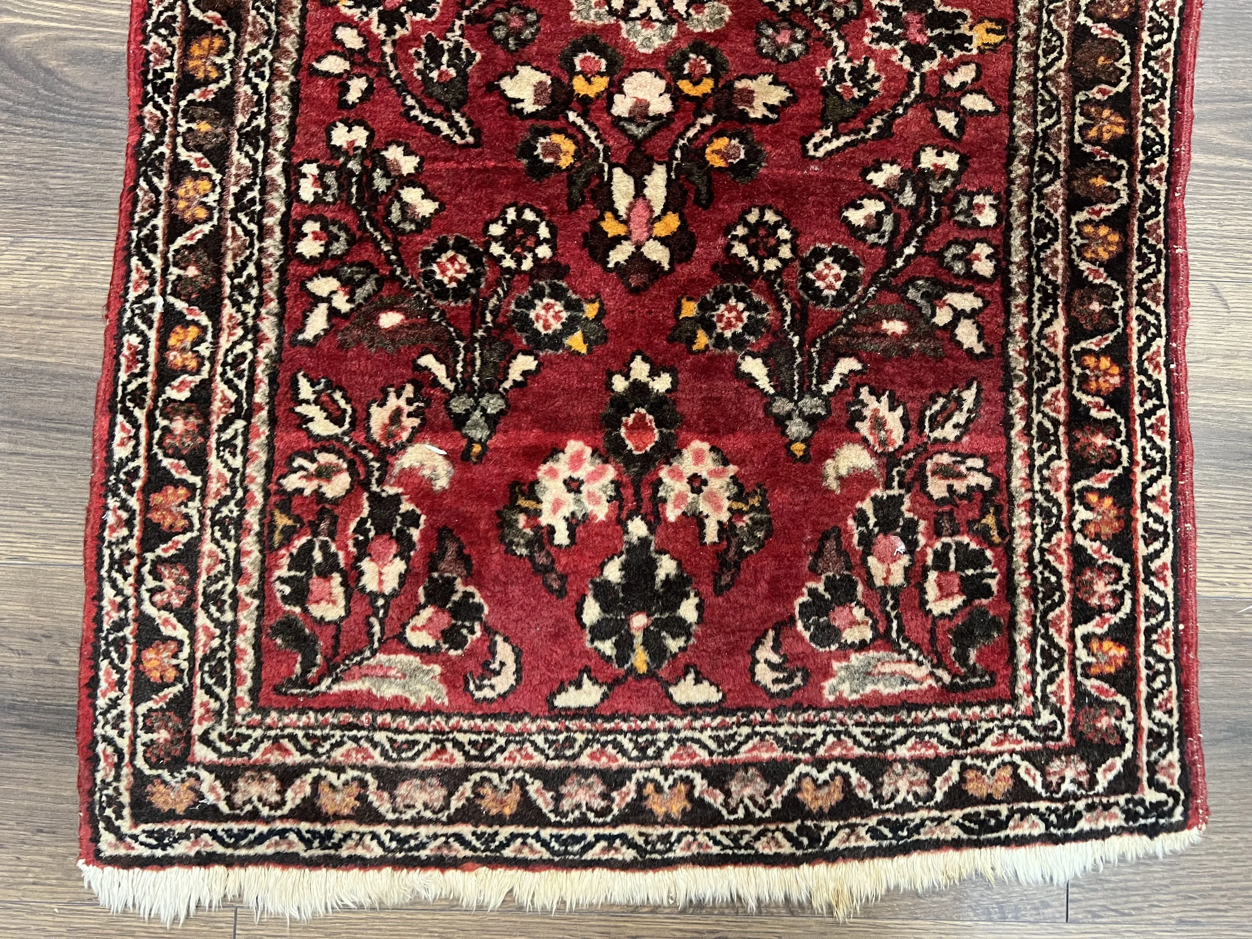 Small Persian Sarouk Rug 2x4 ft, Allover Floral Pattern, Red Black Cream, Hand Knotted Wool Traditional Oriental Carpet, Antique Persian Rug 2 x 4 - Image 5