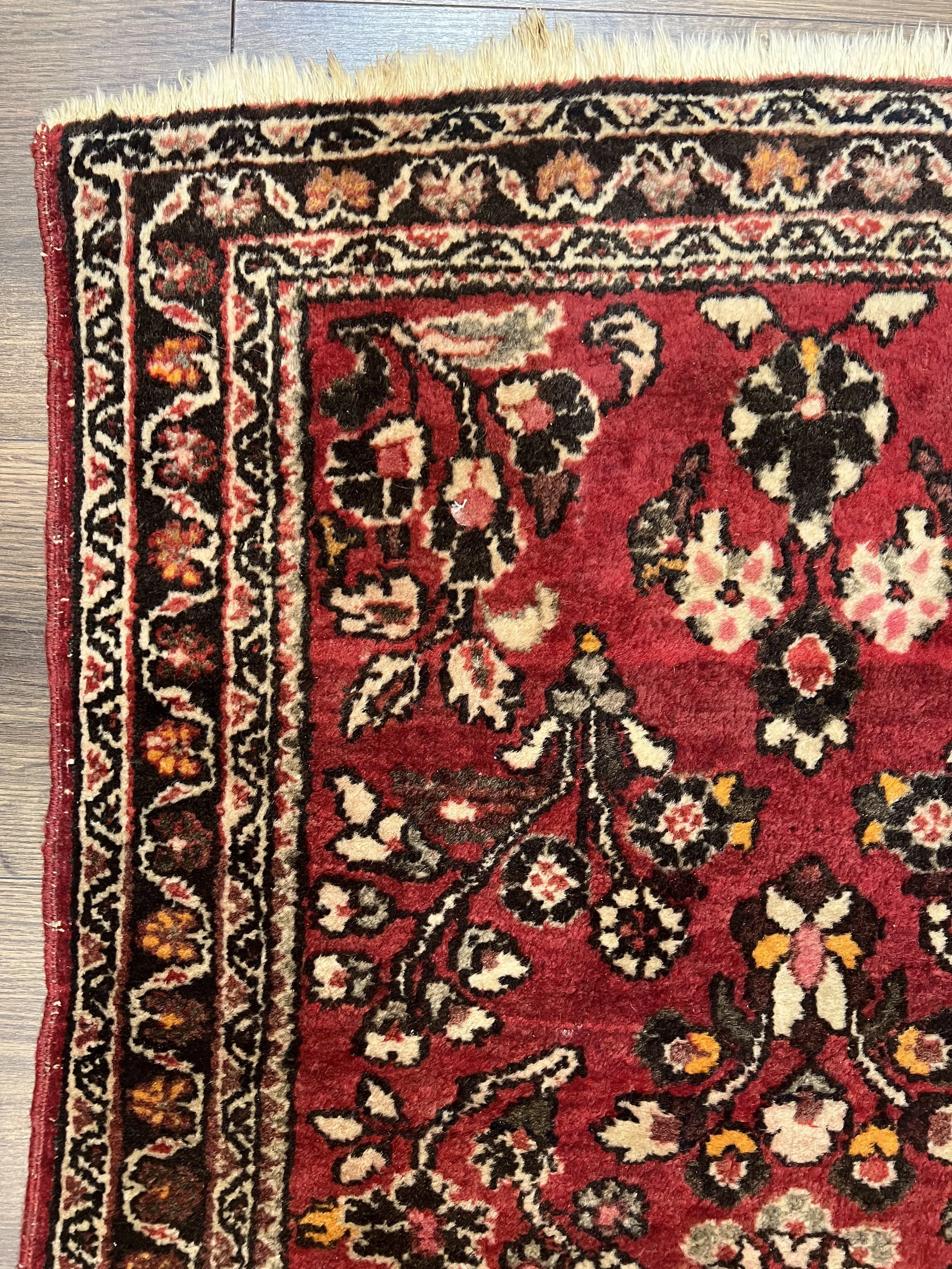 Small Persian Sarouk Rug 2x4 ft, Allover Floral Pattern, Red Black Cream, Hand Knotted Wool Traditional Oriental Carpet, Antique Persian Rug 2 x 4 - Image 6