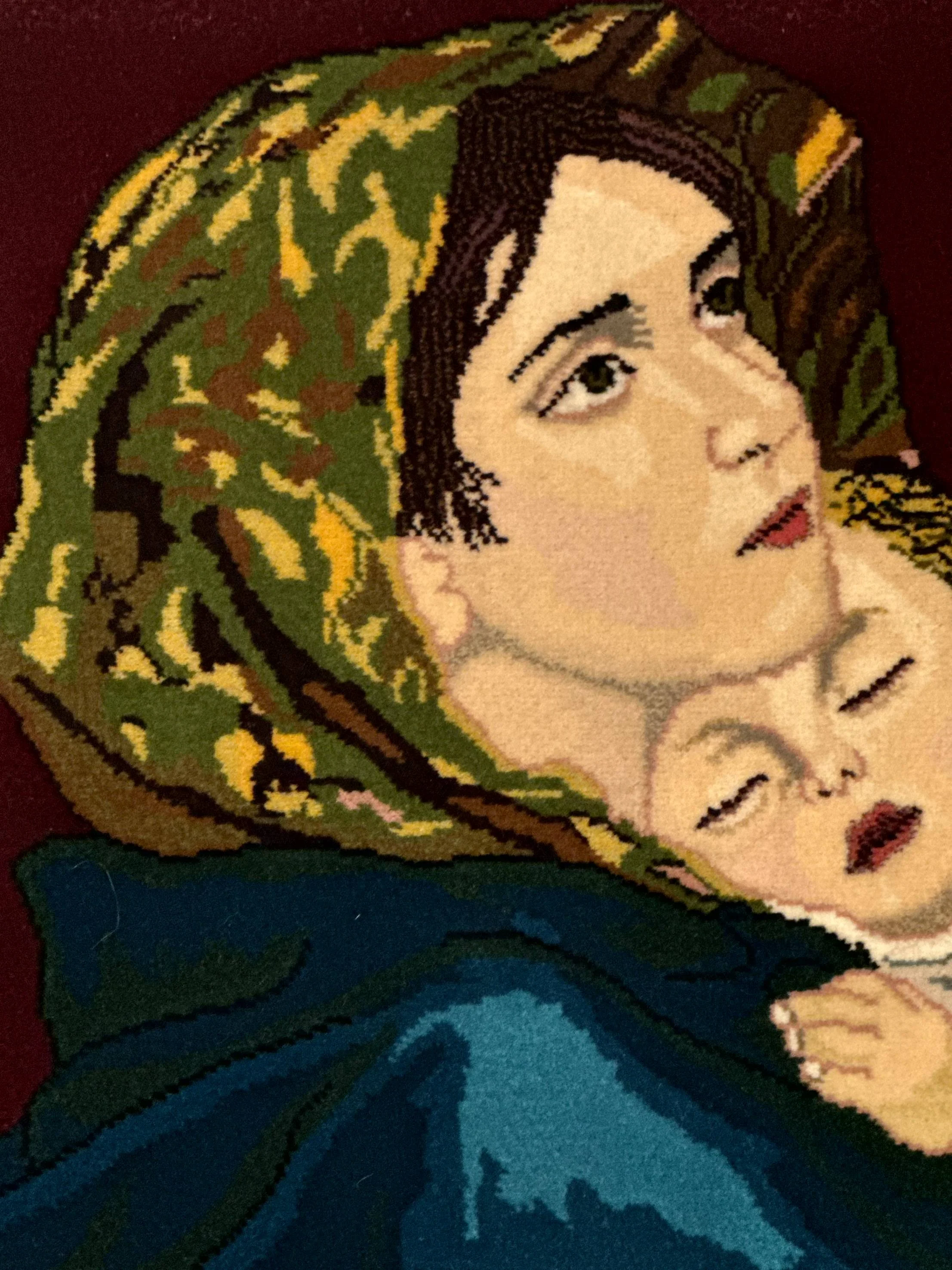 Small Persian Tabriz Pictorial Rug 2x2, Mother Holding Child, Very Fine 340 KPSI, Maroon - Image 7
