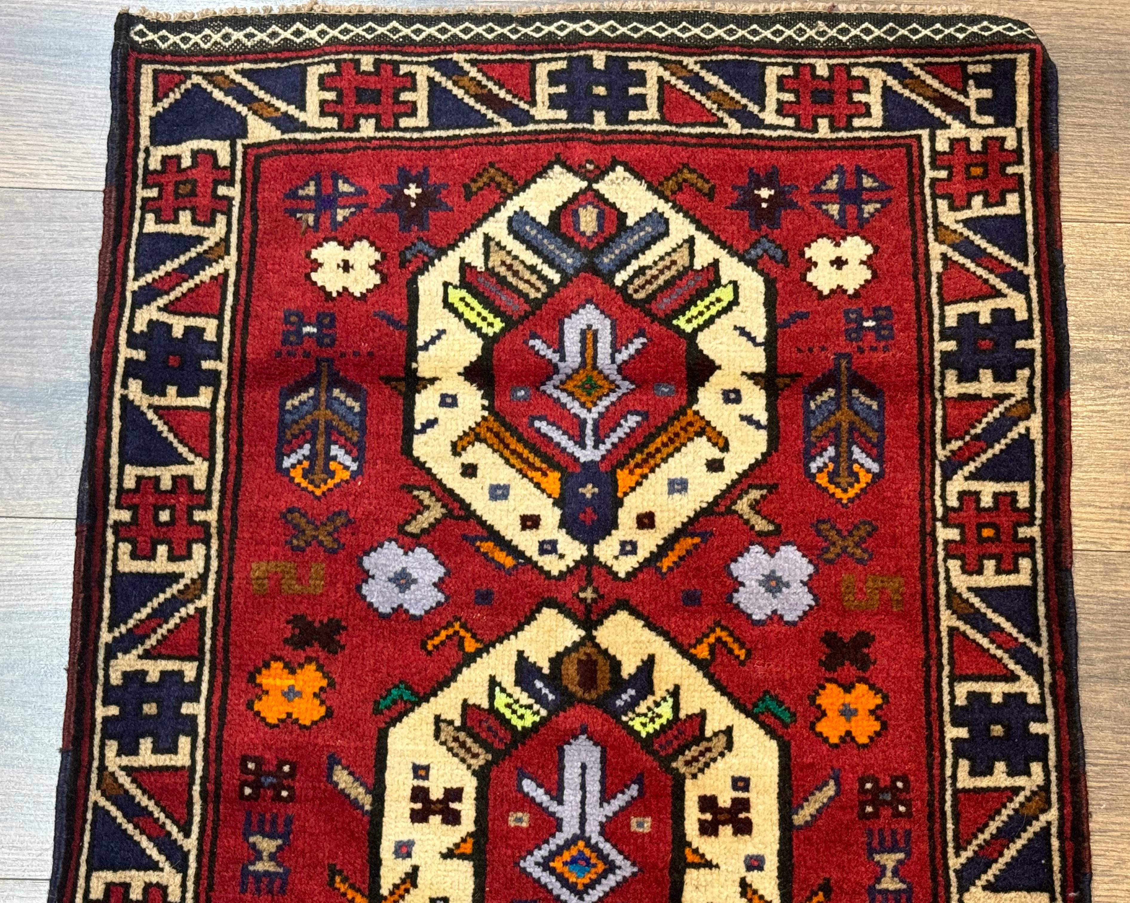 Small Persian Tribal Rug, Red and Ivory, Baluch Rug - Image 3