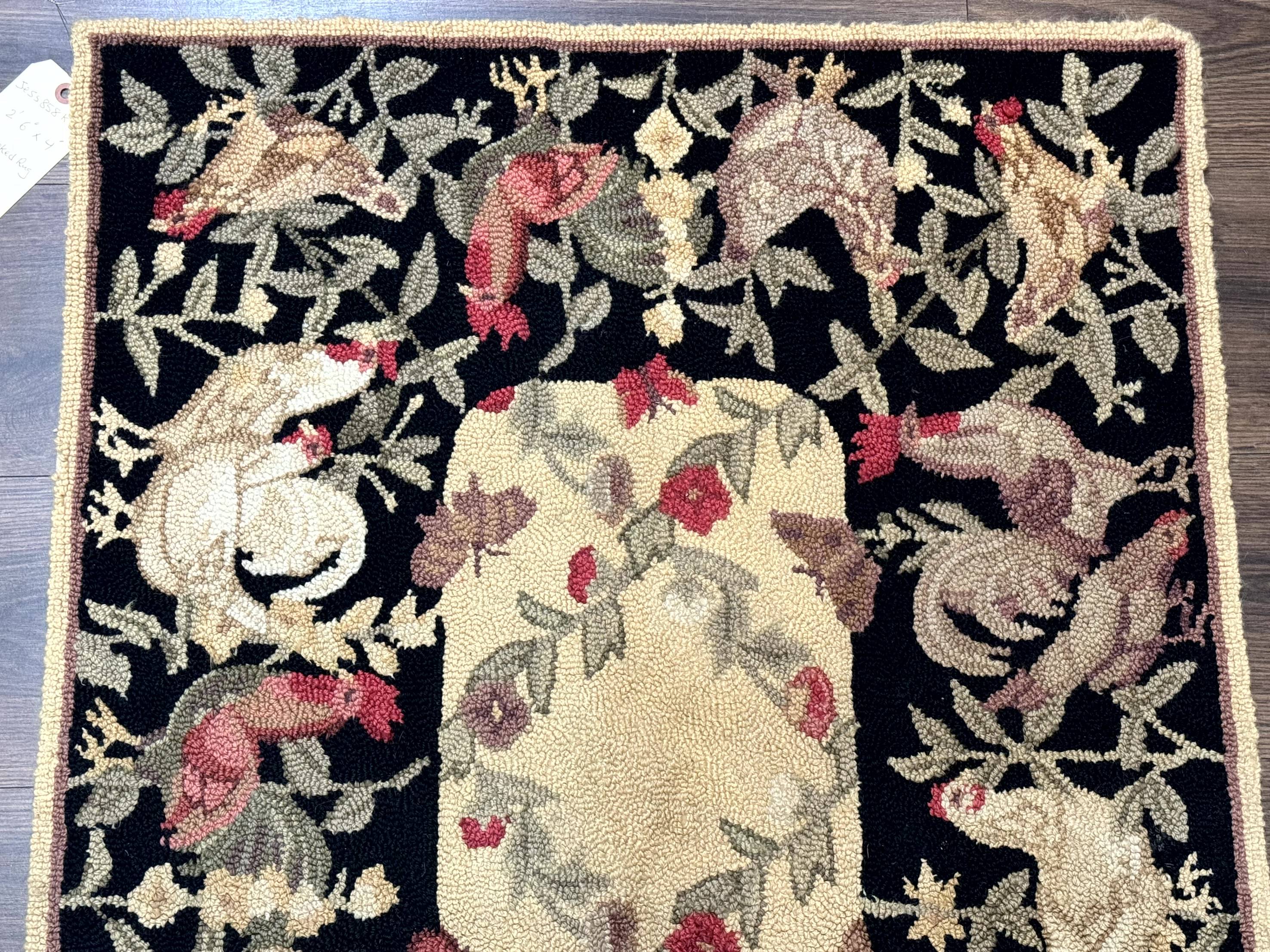 Small Vintage Hooked Rug, Roosters, Handmade, Wool - Image 3