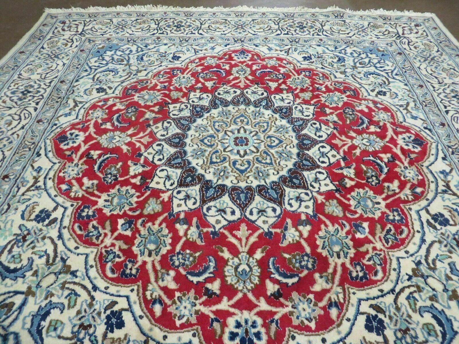 Square Persian Nain Rug 6'3" x 6' 8", Hand-Knotted, Wool with Silk Accents, Ivory Red Blue - Image 11