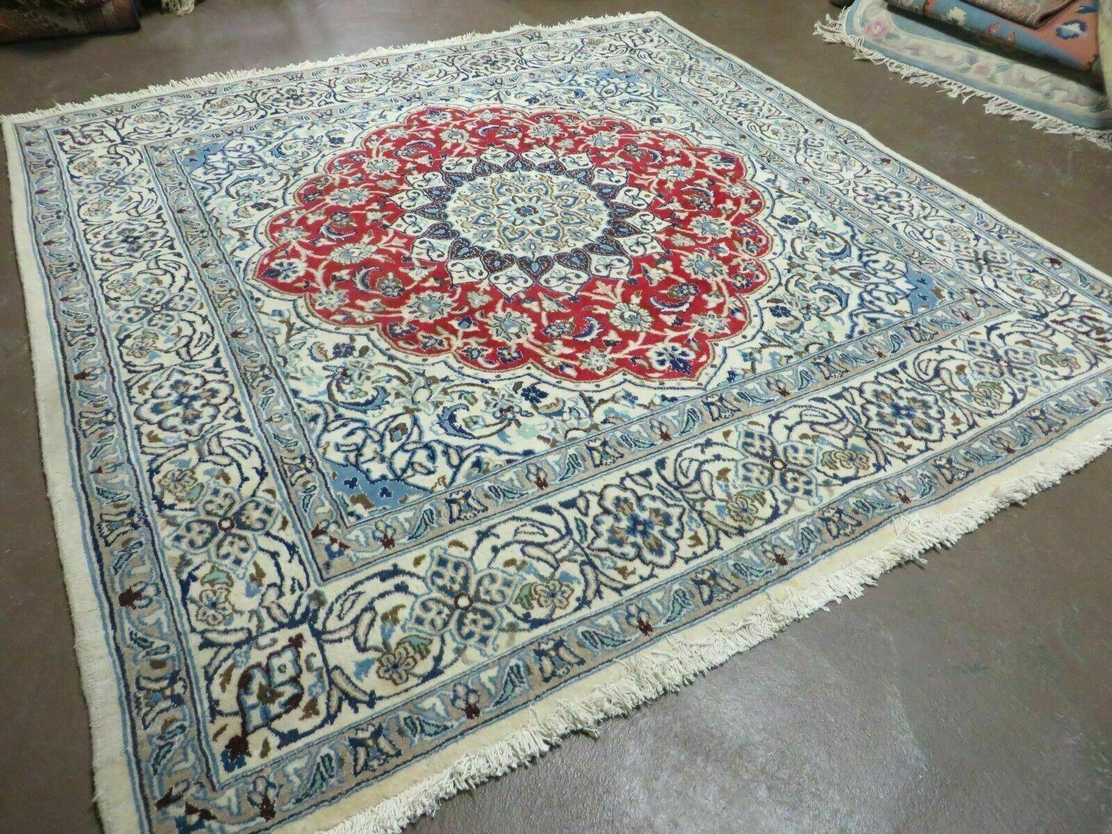 Square Persian Nain Rug 6'3" x 6' 8", Hand-Knotted, Wool with Silk Accents, Ivory Red Blue - Image 2