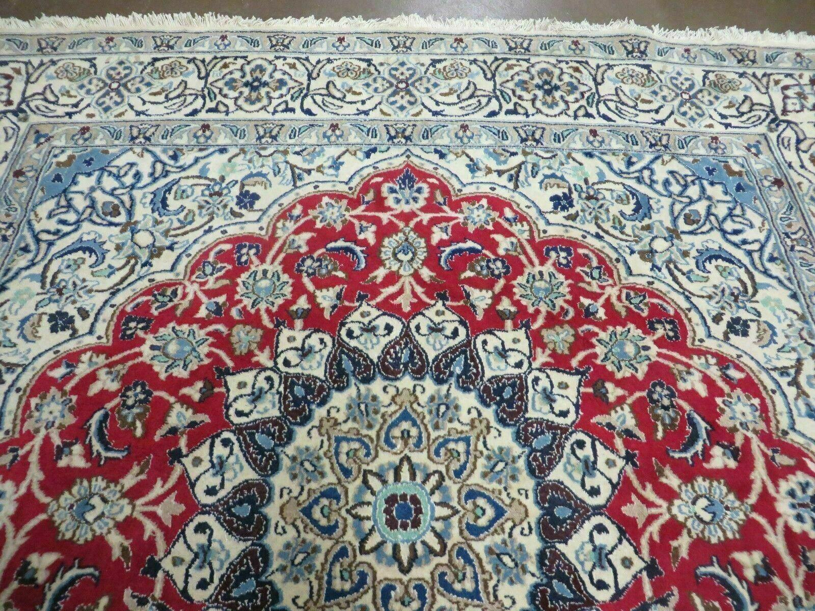 Square Persian Nain Rug 6'3" x 6' 8", Hand-Knotted, Wool with Silk Accents, Ivory Red Blue - Image 3