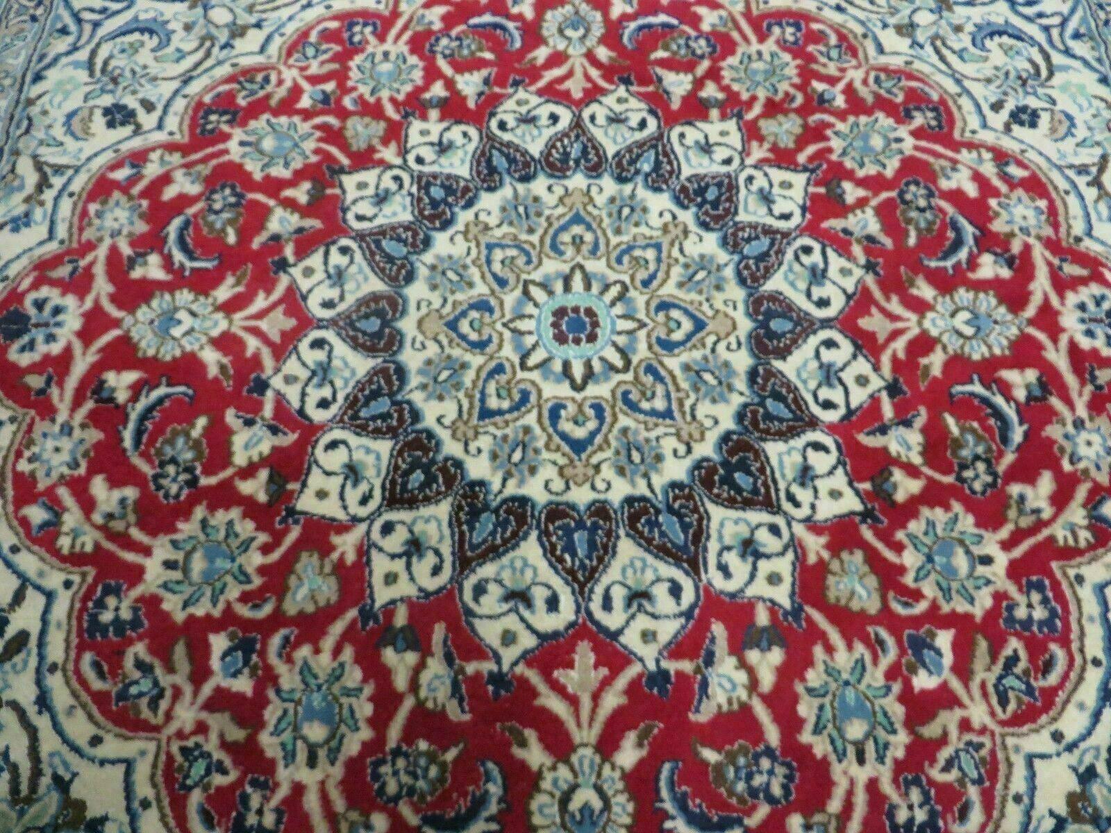 Square Persian Nain Rug 6'3" x 6' 8", Hand-Knotted, Wool with Silk Accents, Ivory Red Blue - Image 4