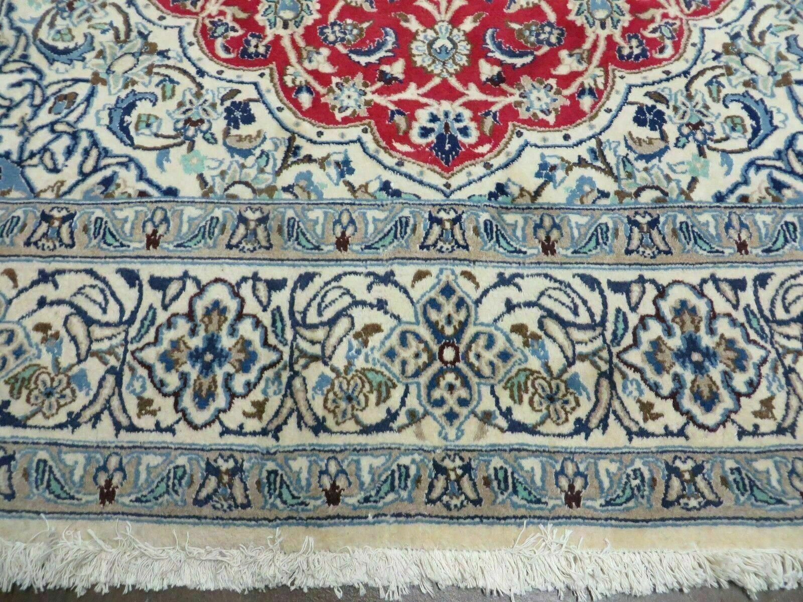 Square Persian Nain Rug 6'3" x 6' 8", Hand-Knotted, Wool with Silk Accents, Ivory Red Blue - Image 5