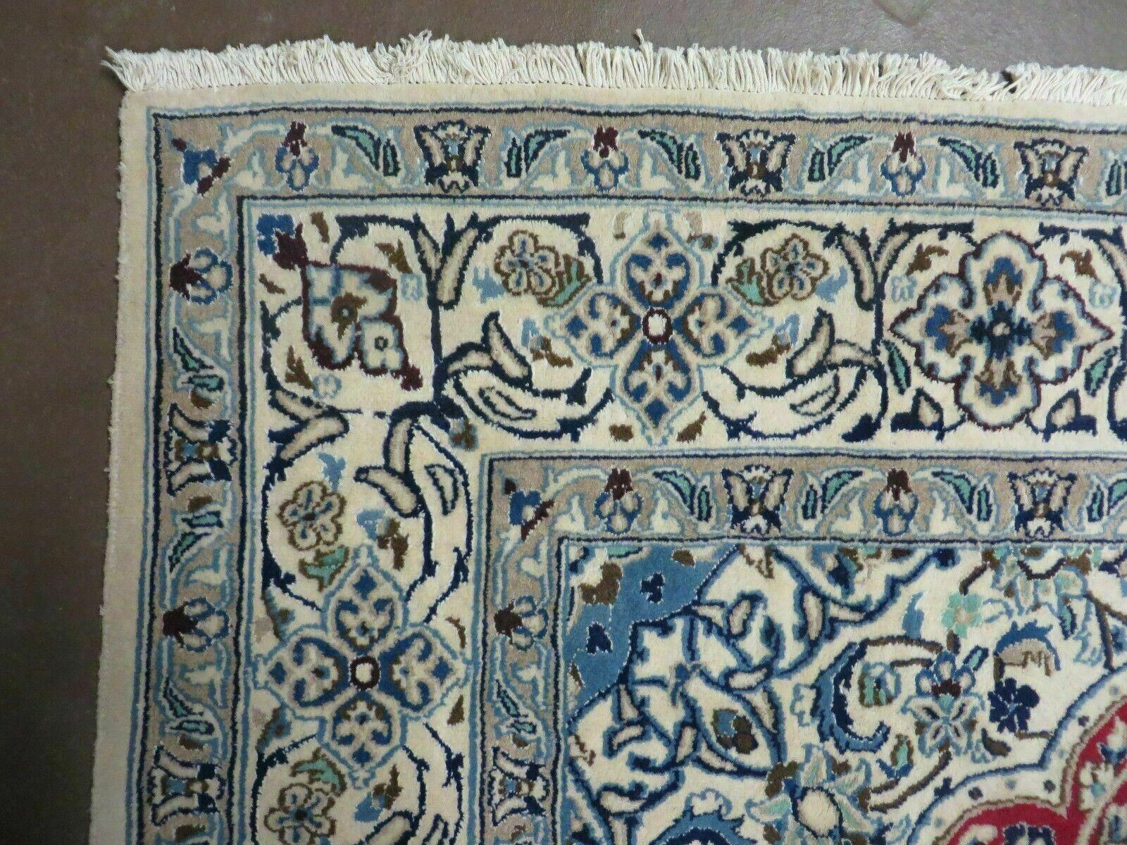 Square Persian Nain Rug 6'3" x 6' 8", Hand-Knotted, Wool with Silk Accents, Ivory Red Blue - Image 6
