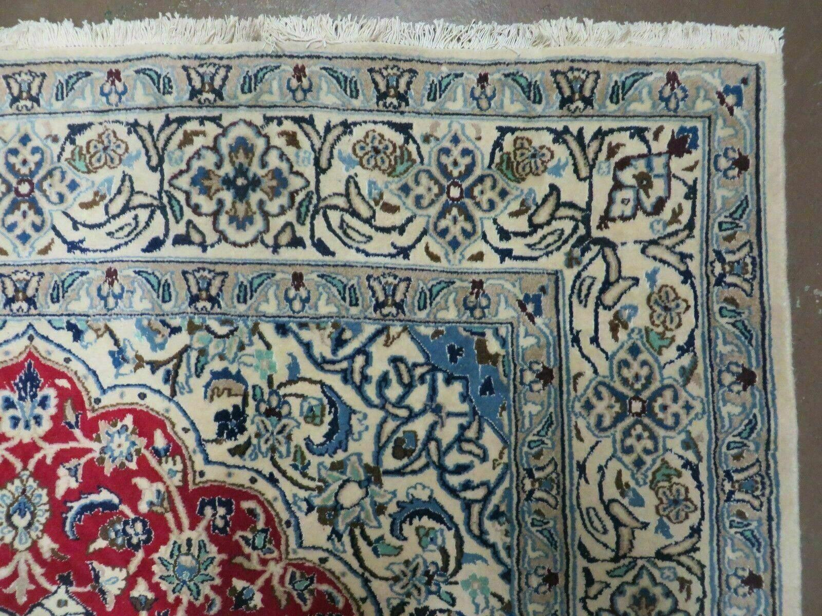 Square Persian Nain Rug 6'3" x 6' 8", Hand-Knotted, Wool with Silk Accents, Ivory Red Blue - Image 7