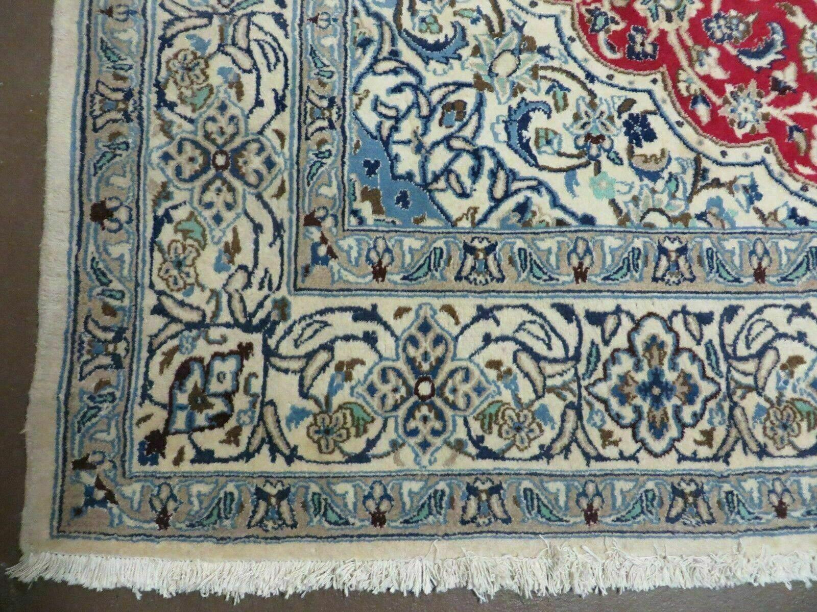 Square Persian Nain Rug 6'3" x 6' 8", Hand-Knotted, Wool with Silk Accents, Ivory Red Blue - Image 8