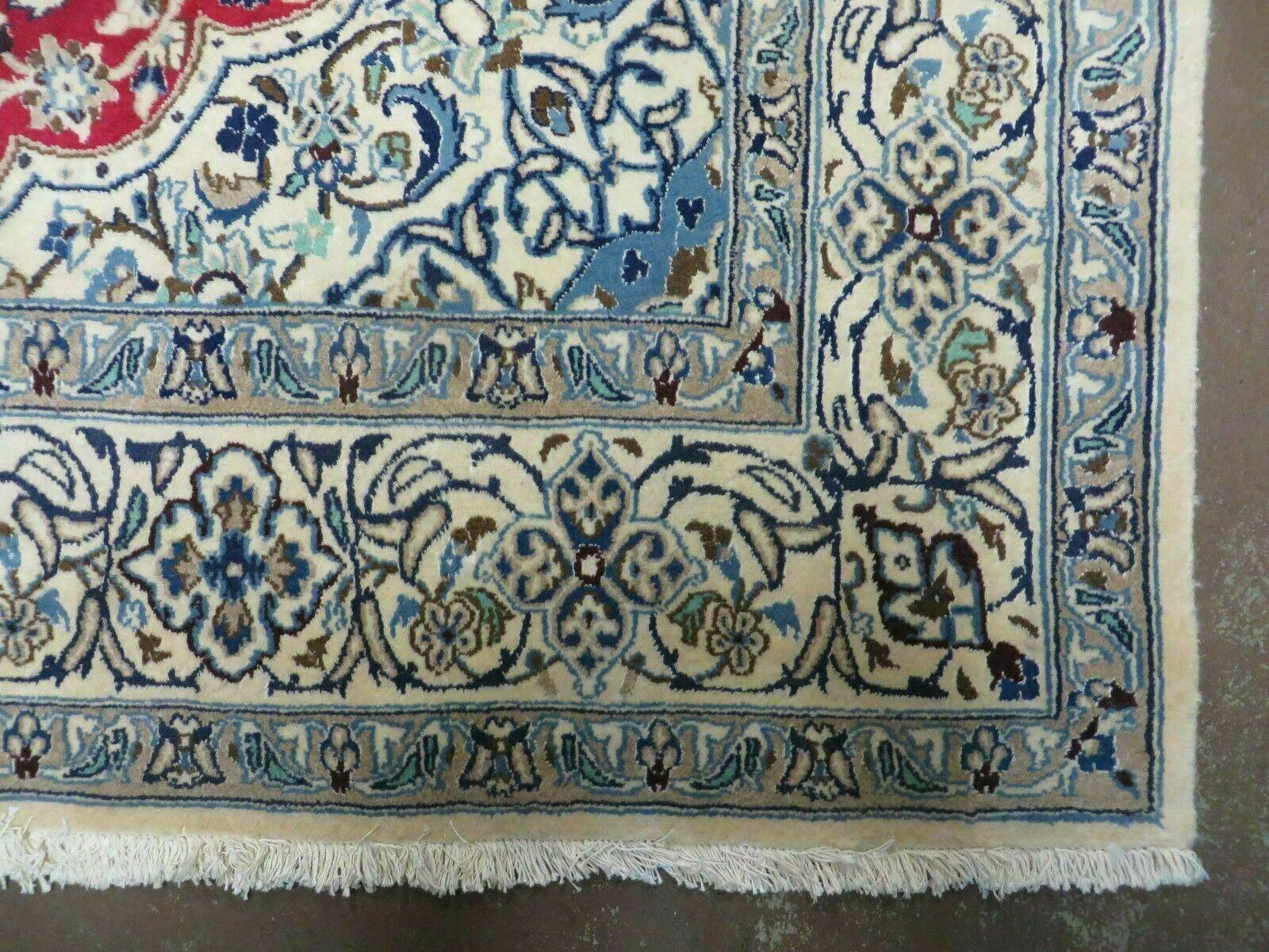 Square Persian Nain Rug 6'3" x 6' 8", Hand-Knotted, Wool with Silk Accents, Ivory Red Blue - Image 9