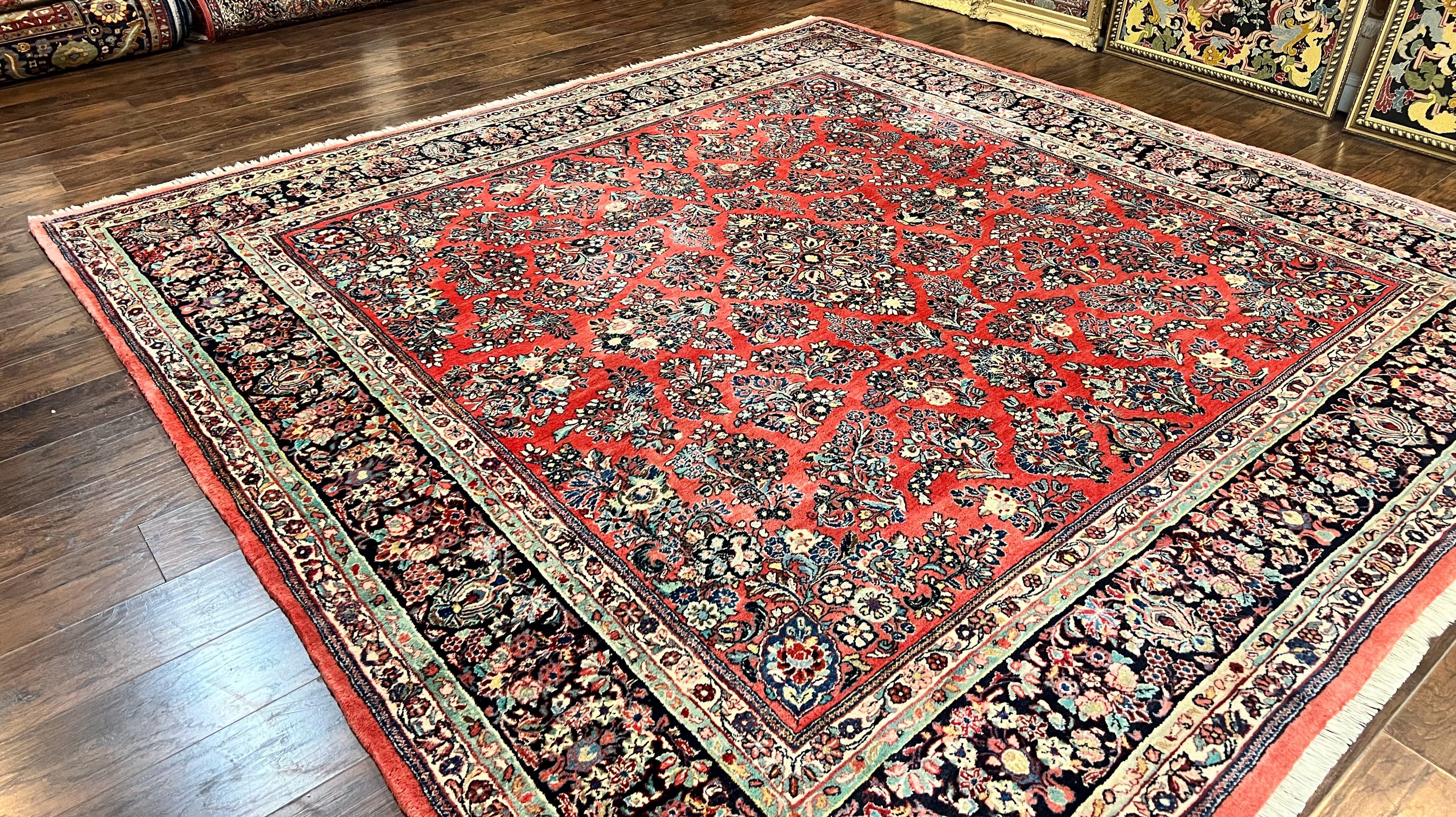 Square Persian Sarouk Rug 11x11 ft, Rare Size, Hand Knotted Wool Floral Allover Red Persian Carpet, Handmade Antique Rug - Image 2