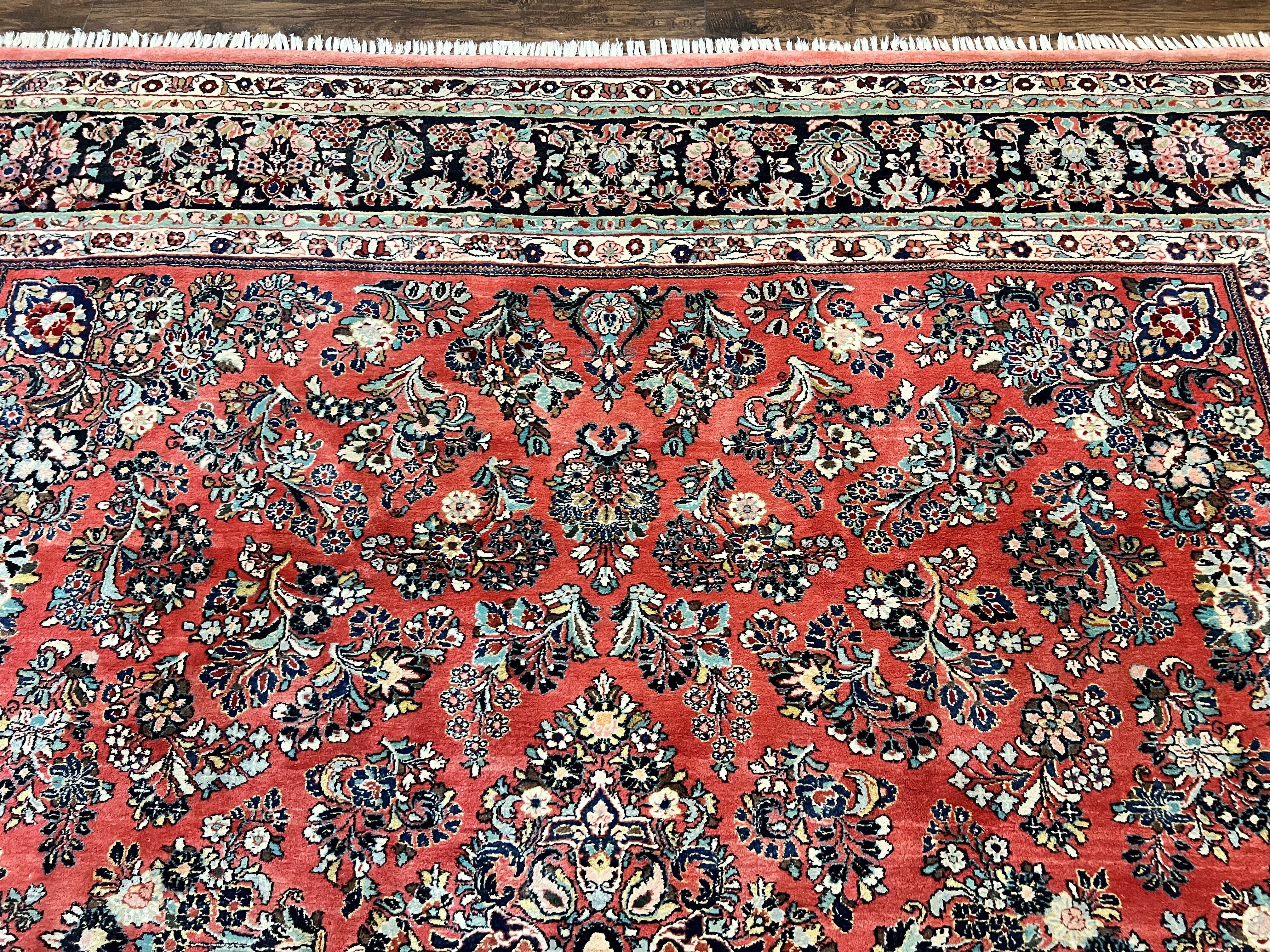 Square Persian Sarouk Rug 11x11 ft, Rare Size, Hand Knotted Wool Floral Allover Red Persian Carpet, Handmade Antique Rug - Image 3