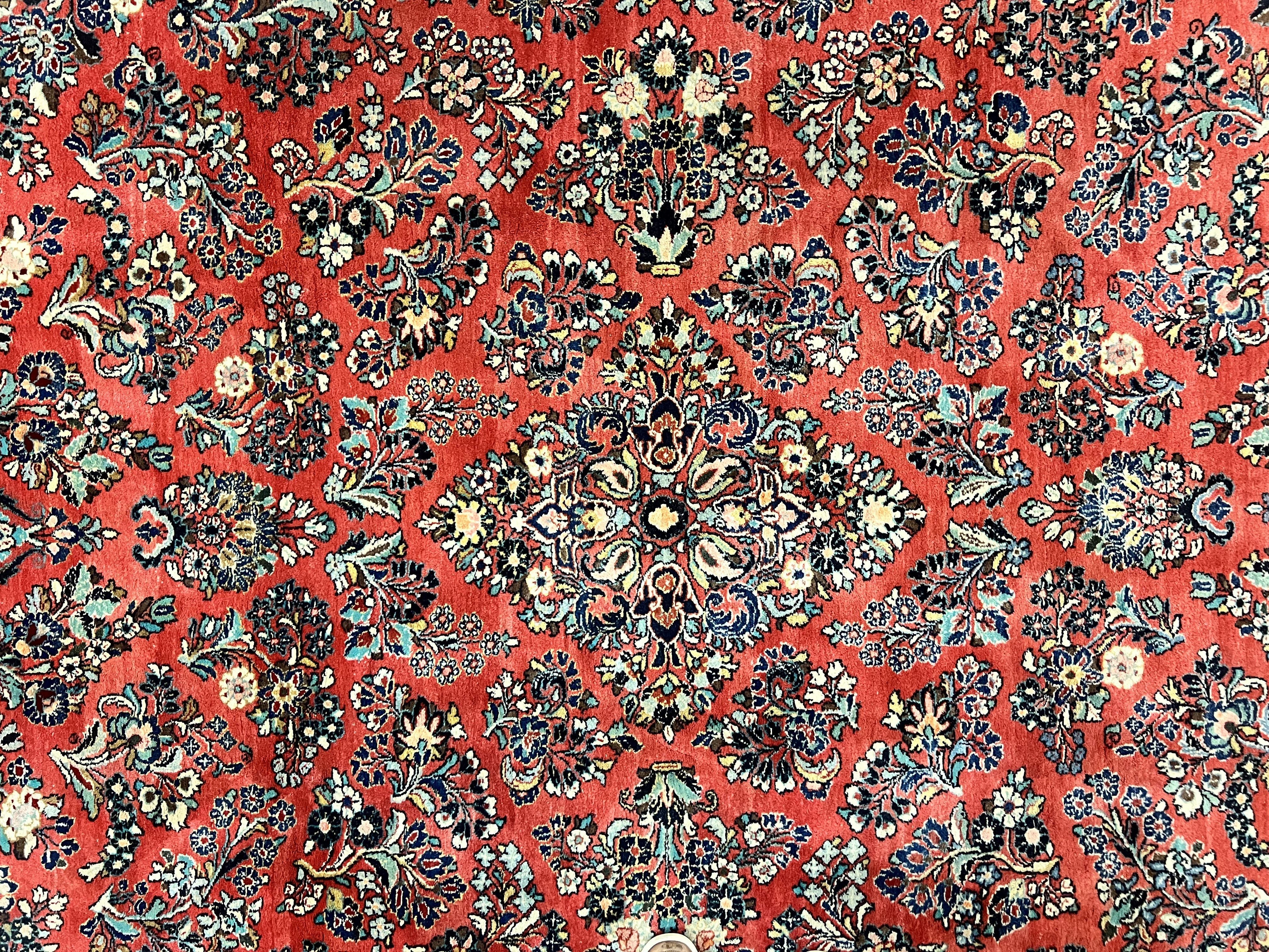 Square Persian Sarouk Rug 11x11 ft, Rare Size, Hand Knotted Wool Floral Allover Red Persian Carpet, Handmade Antique Rug - Image 4
