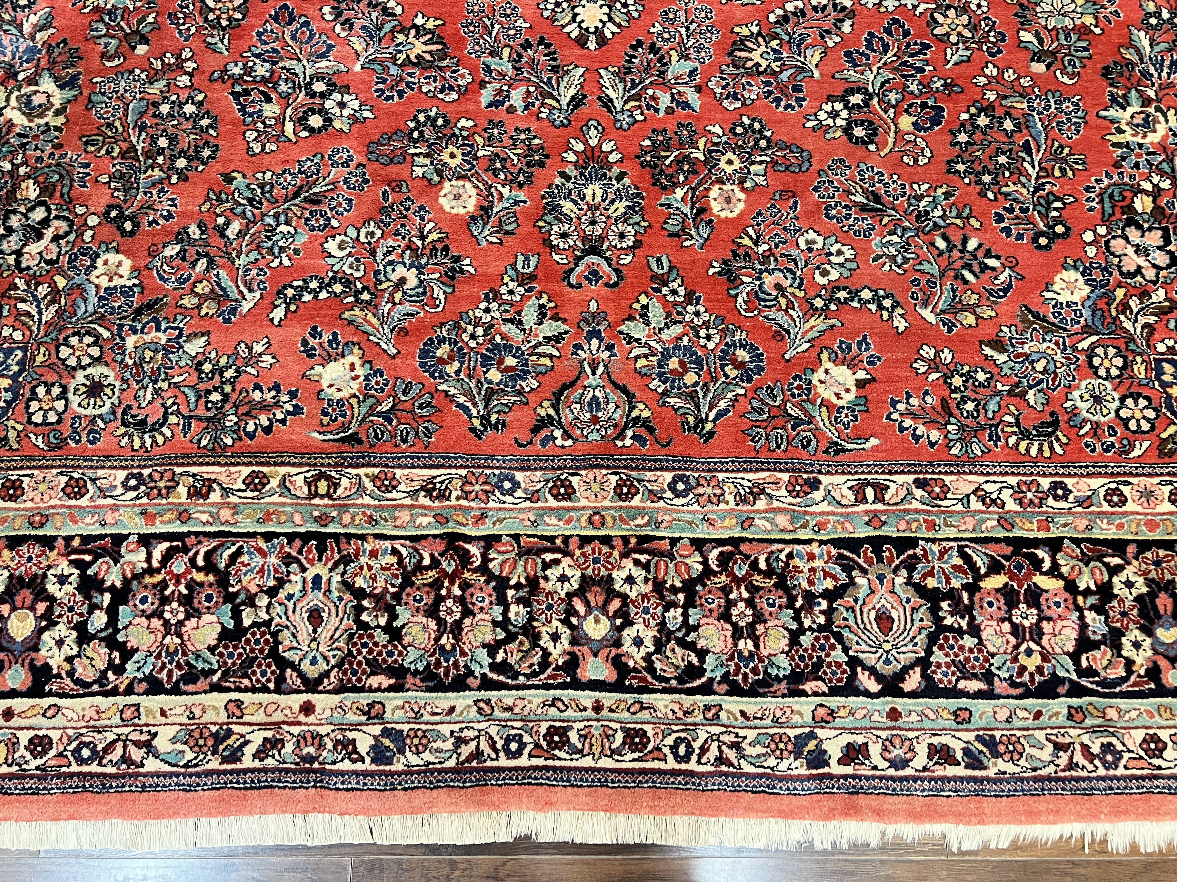Square Persian Sarouk Rug 11x11 ft, Rare Size, Hand Knotted Wool Floral Allover Red Persian Carpet, Handmade Antique Rug - Image 5