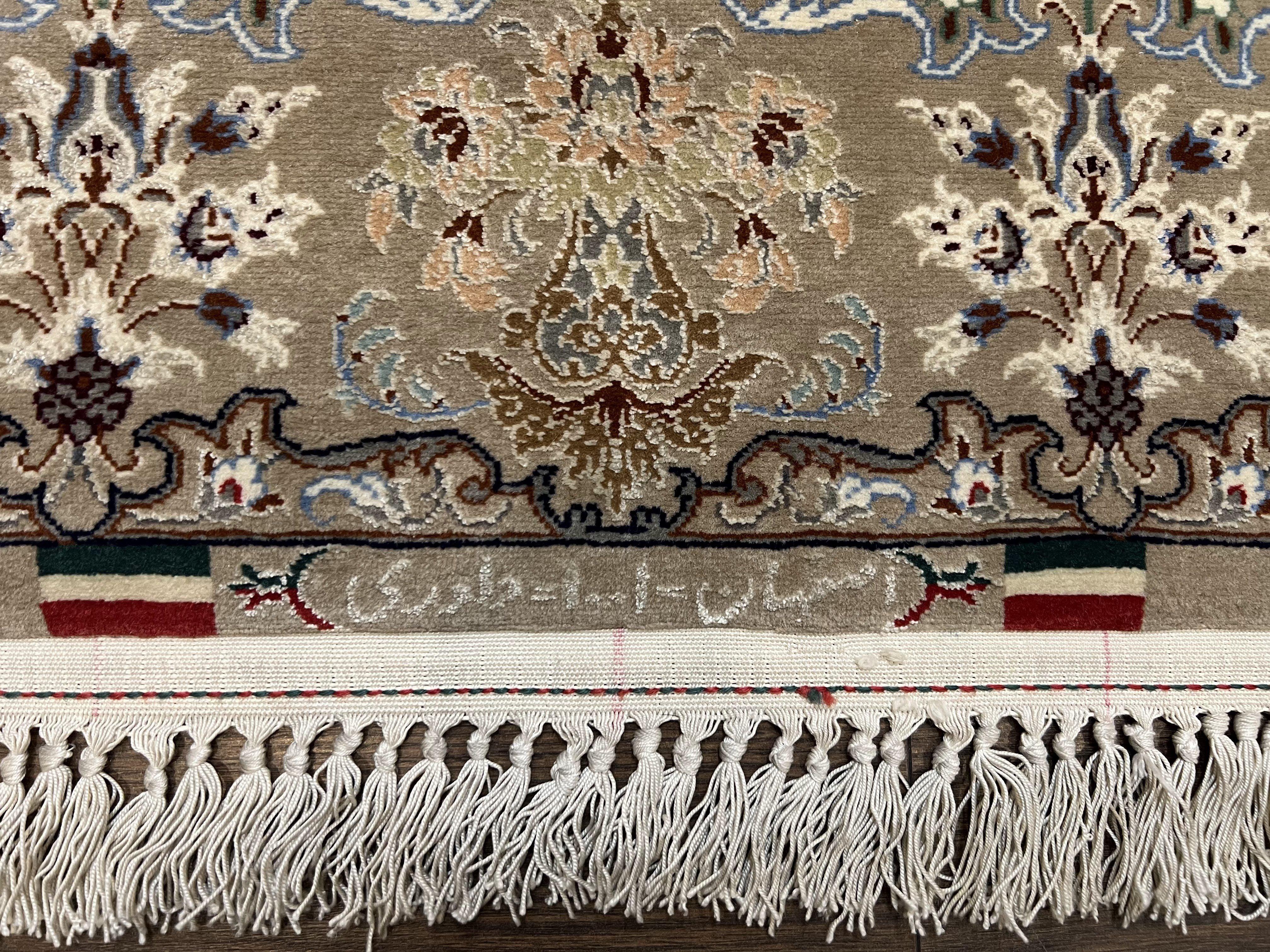 Super Fine Persian Isfahan Rug 3x5 ft, Kork Wool on Silk Foundation, Repeated Floral Motif, Taupe Tan Hand Knotted Oriental Carpet 3 x 5 ft, Signed - Image 5