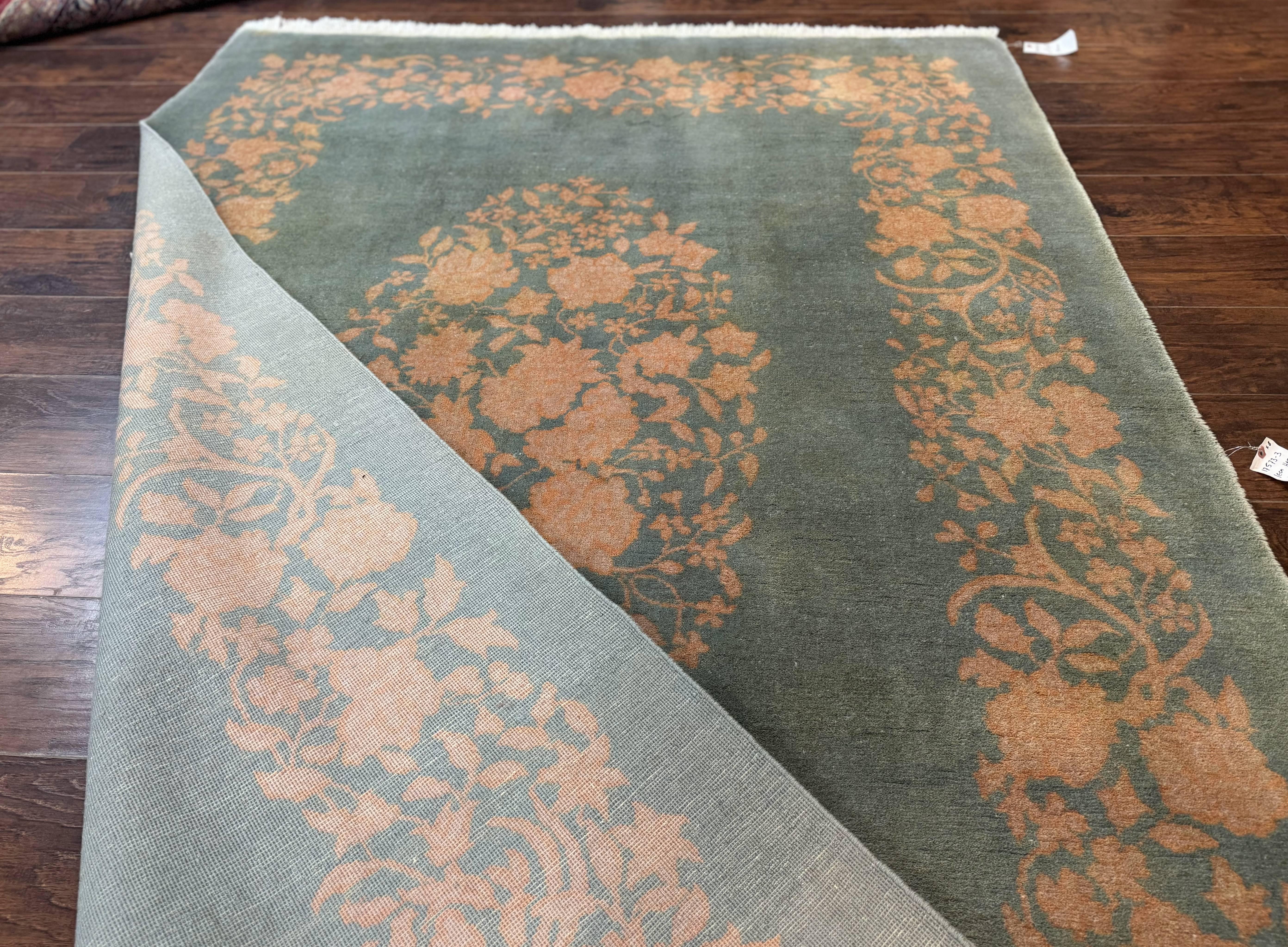 Teal Chinese Wool Rug 6x8, Vintage Handmade Carpet, Floral, Semi Open Field - Image 11
