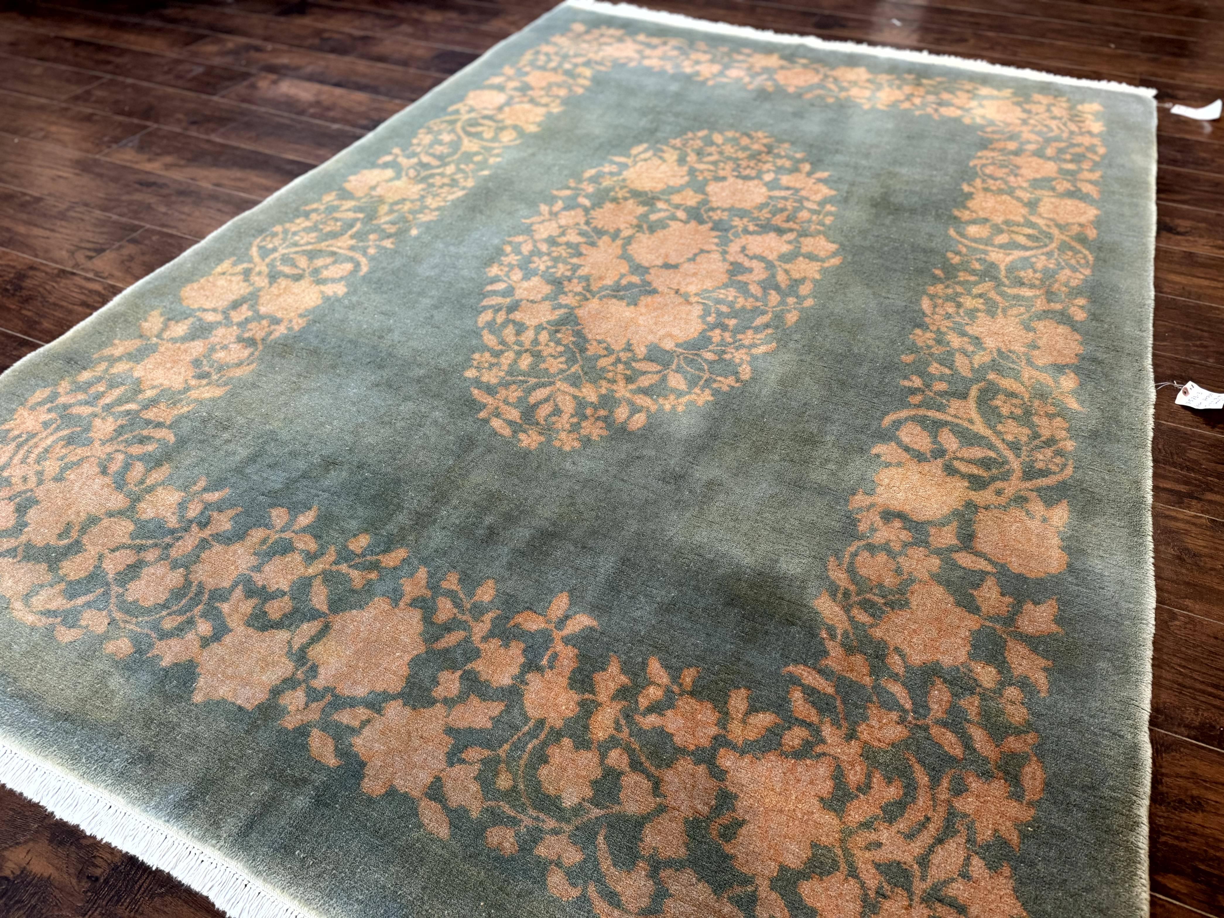 Teal Chinese Wool Rug 6x8, Vintage Handmade Carpet, Floral, Semi Open Field - Image 2