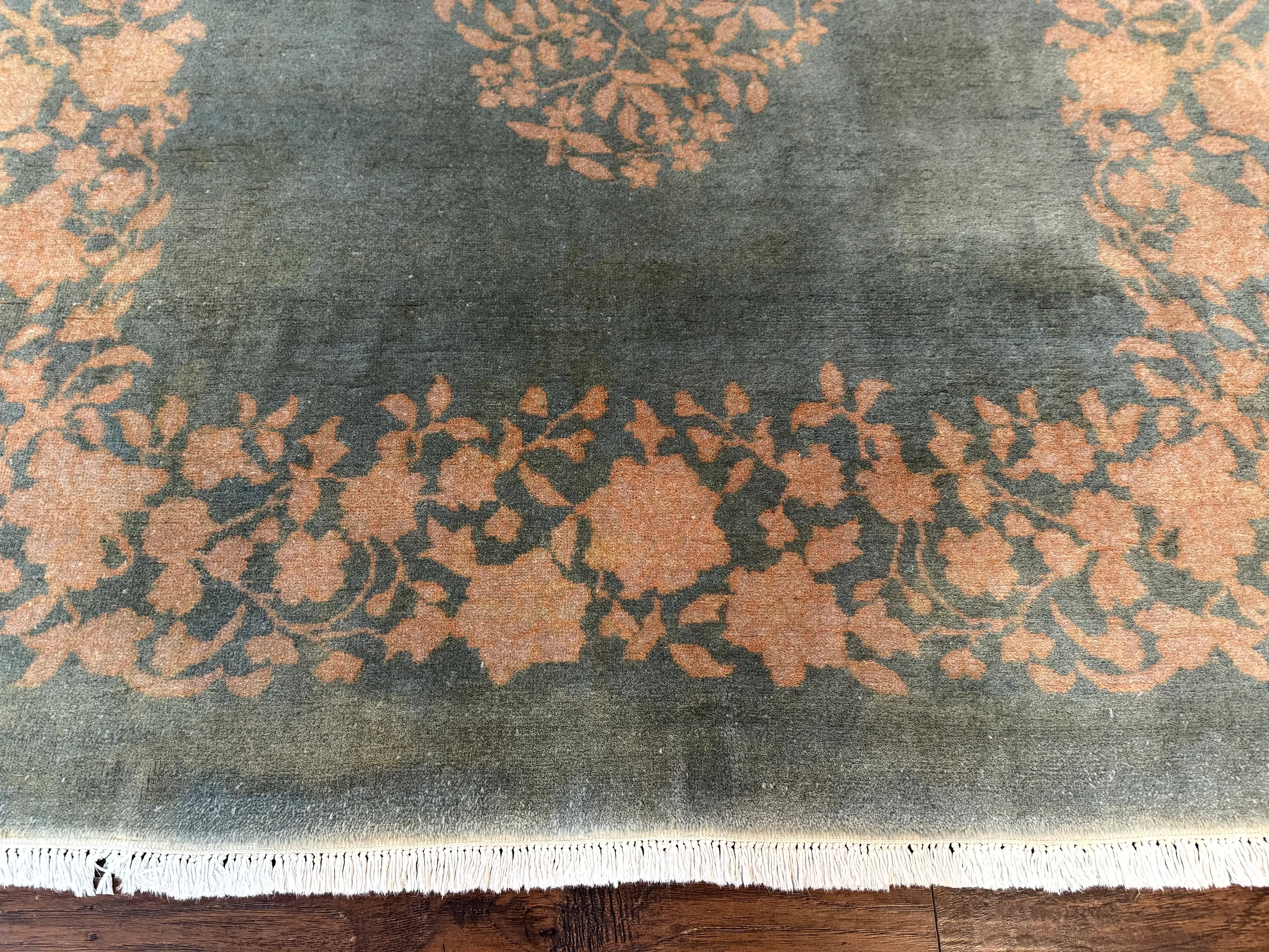 Teal Chinese Wool Rug 6x8, Vintage Handmade Carpet, Floral, Semi Open Field - Image 5