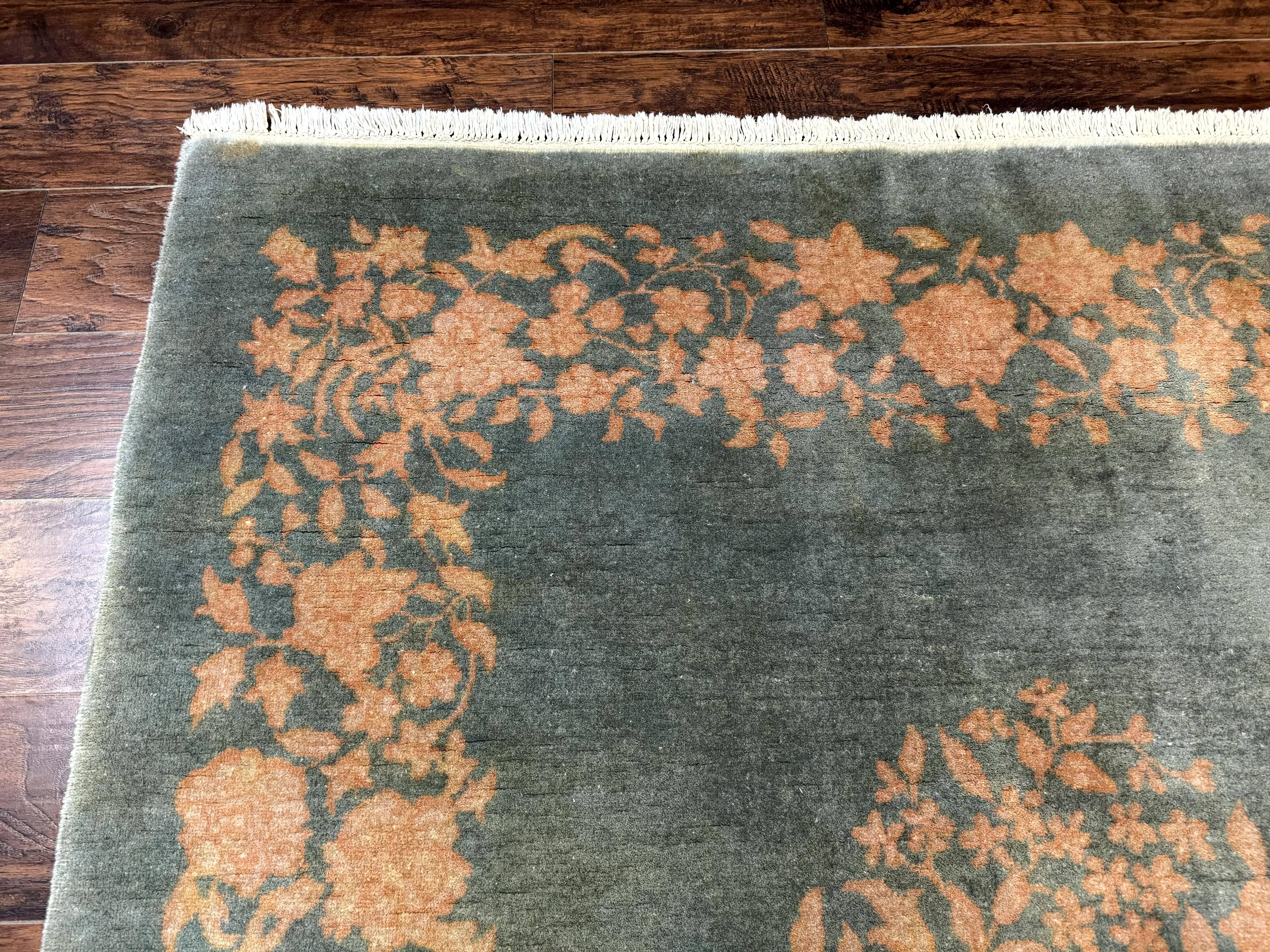 Teal Chinese Wool Rug 6x8, Vintage Handmade Carpet, Floral, Semi Open Field - Image 6