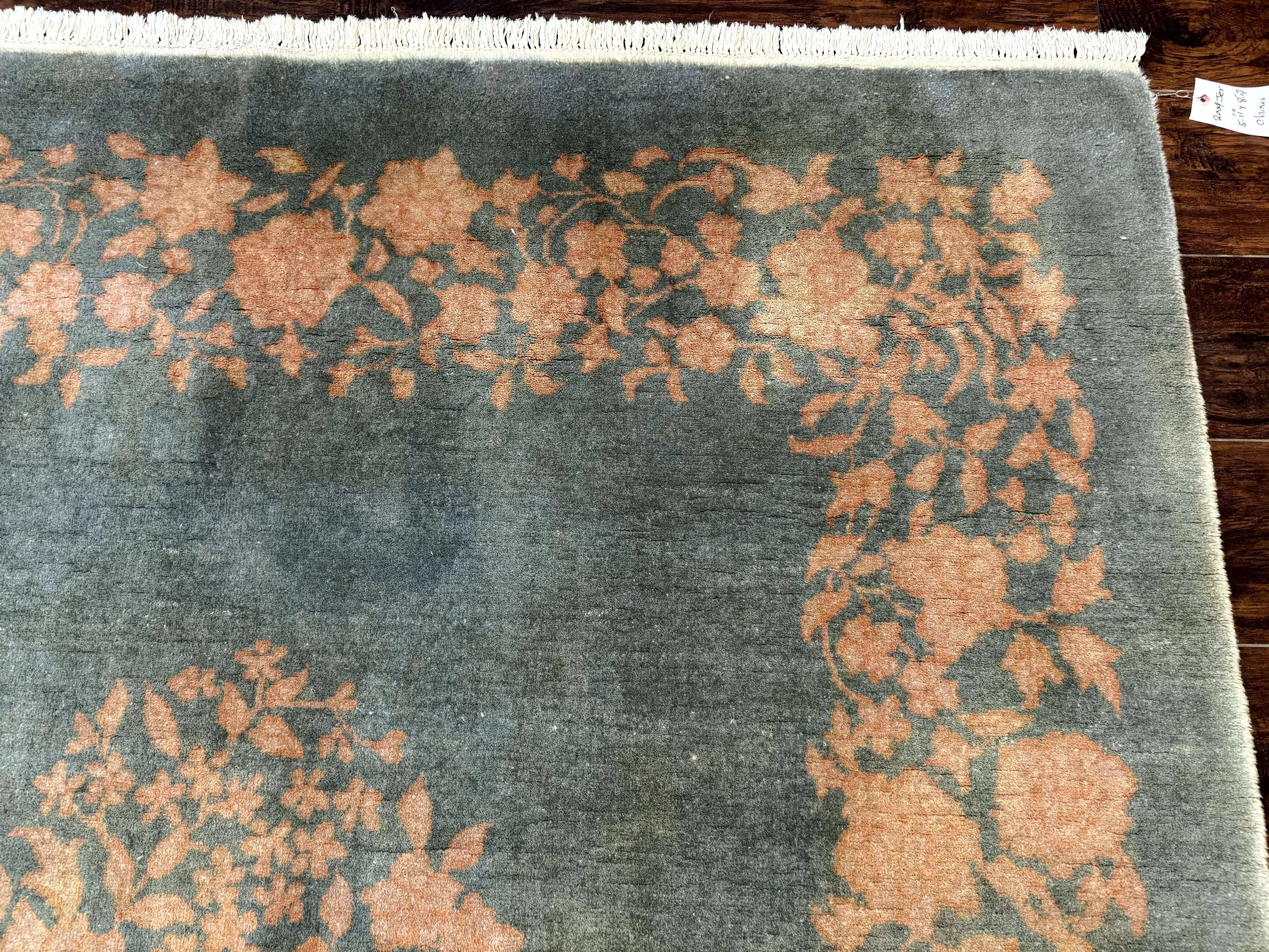 Teal Chinese Wool Rug 6x8, Vintage Handmade Carpet, Floral, Semi Open Field - Image 7
