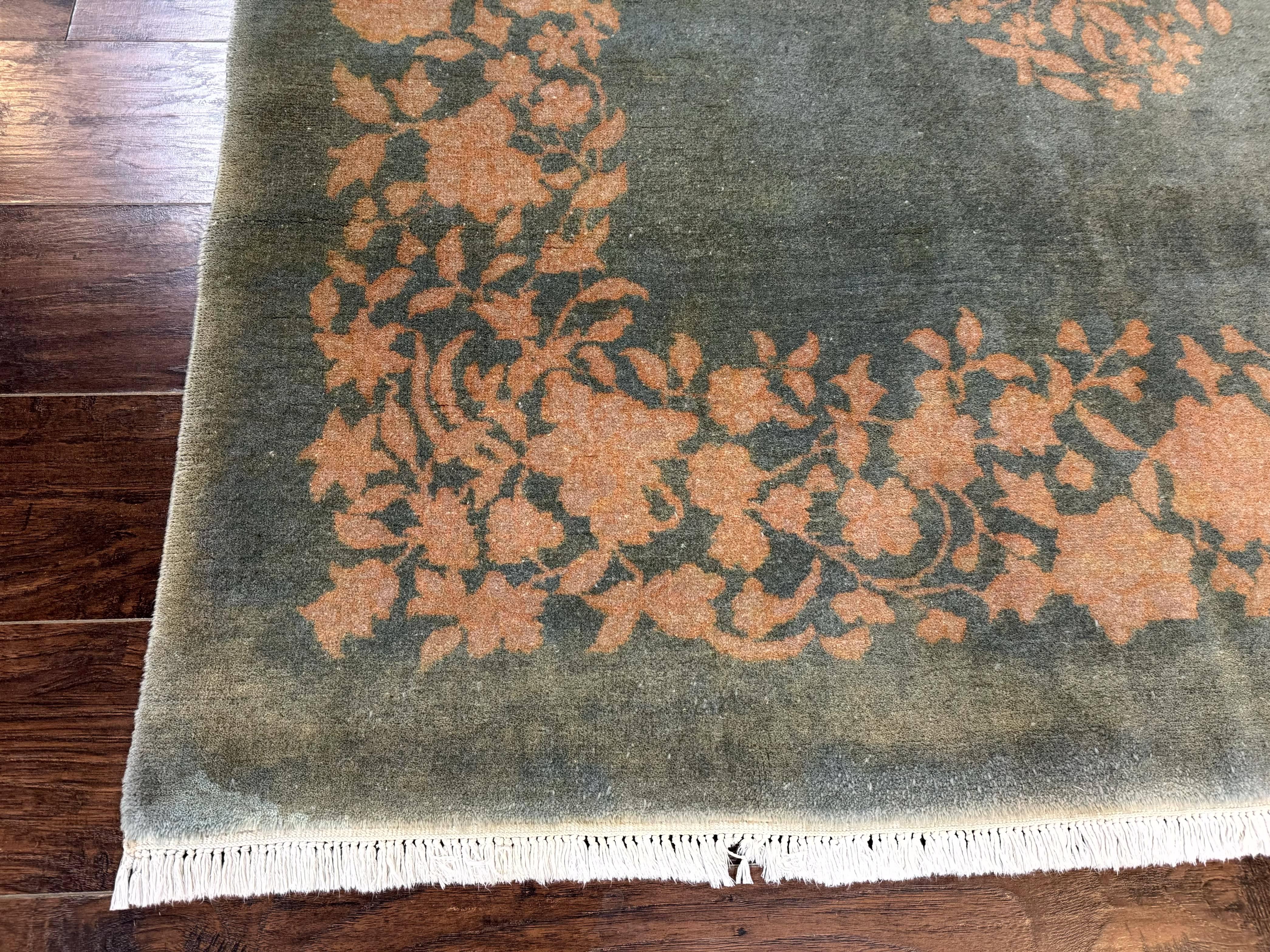 Teal Chinese Wool Rug 6x8, Vintage Handmade Carpet, Floral, Semi Open Field - Image 8