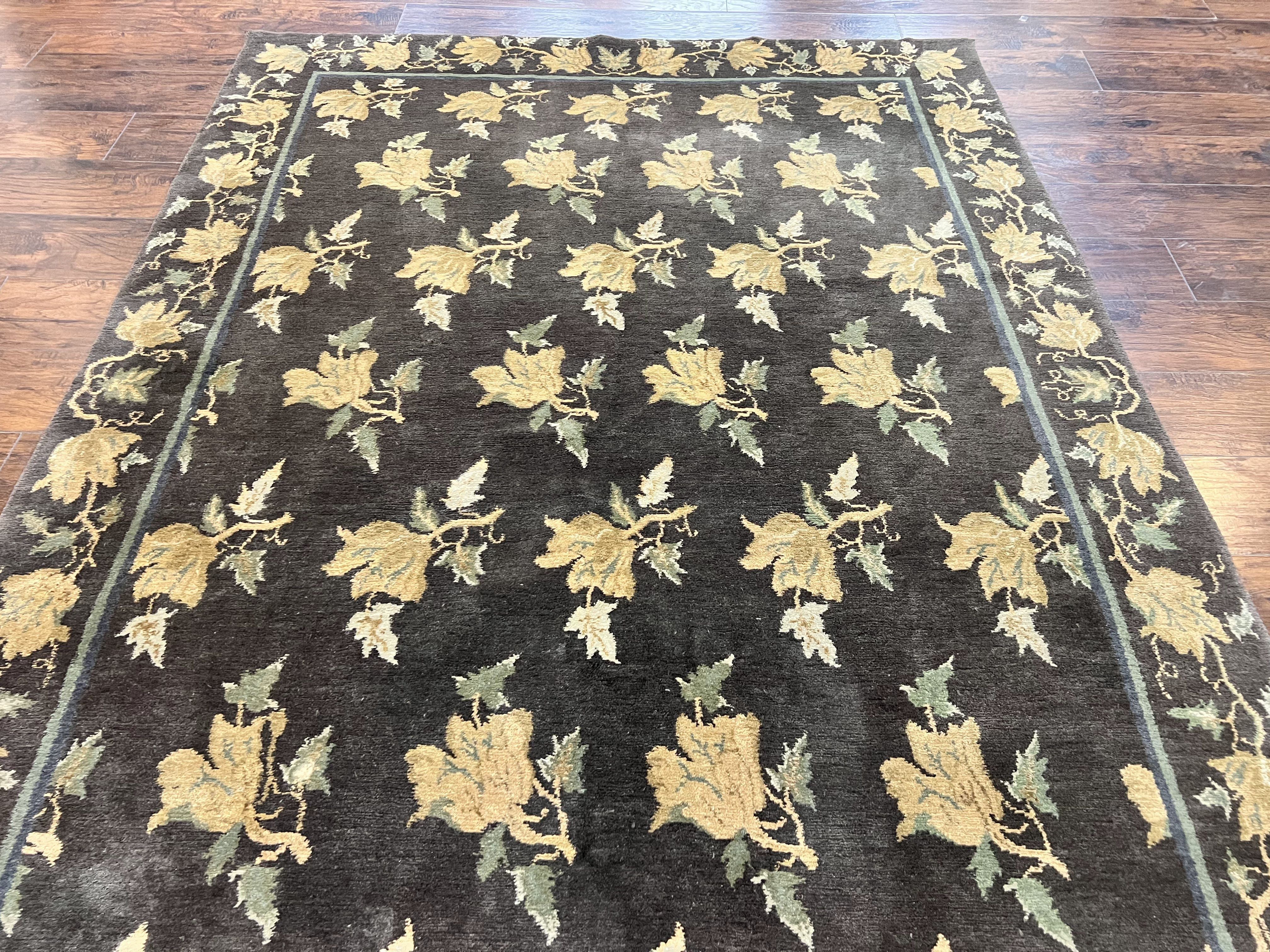Tibetan Nepal Rug 6x9, Wool Hand Knotted Vintage Carpet 6 x 9, Dark Green & Golden Yellow, Floral Bouquets - Image 5