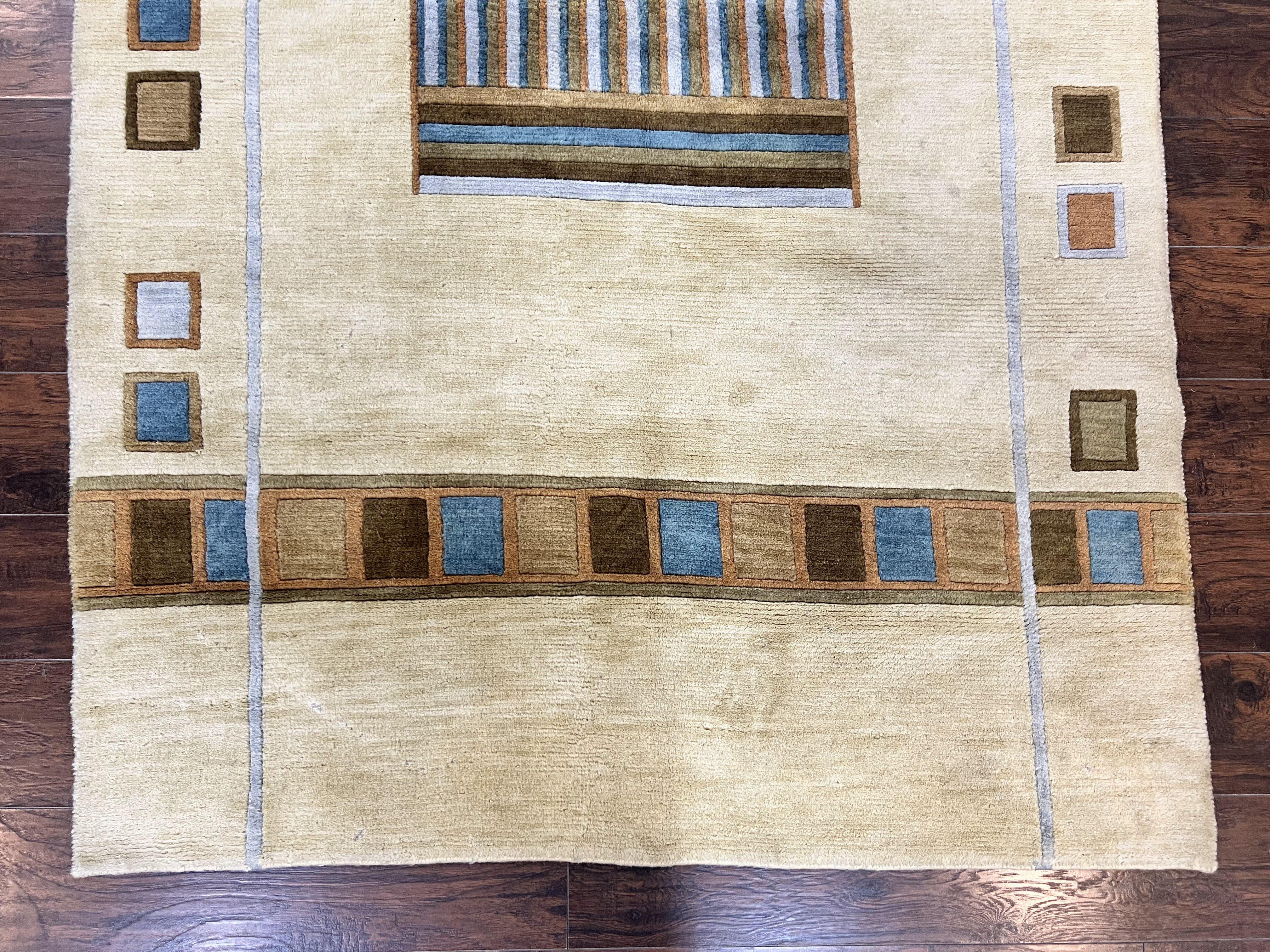 Tibetan Rug 5x8, Contemporary Rug 5 x 8 ft, Cream Brown Blue Hand-Knotted Wool w/ Silk Highlights Tibetan Carpet, Modern Rug - Image 5