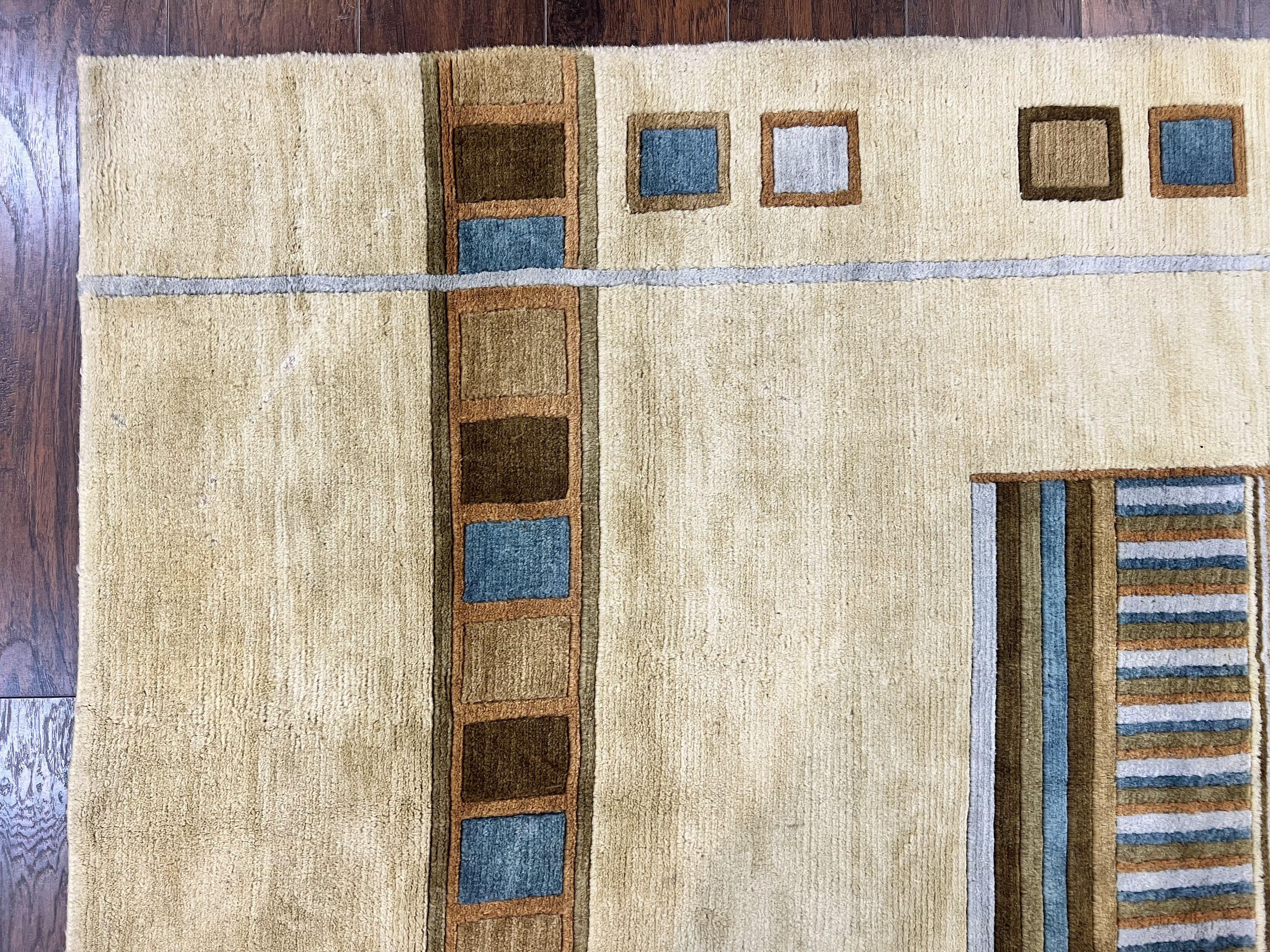 Tibetan Rug 5x8, Contemporary Rug 5 x 8 ft, Cream Brown Blue Hand-Knotted Wool w/ Silk Highlights Tibetan Carpet, Modern Rug - Image 6
