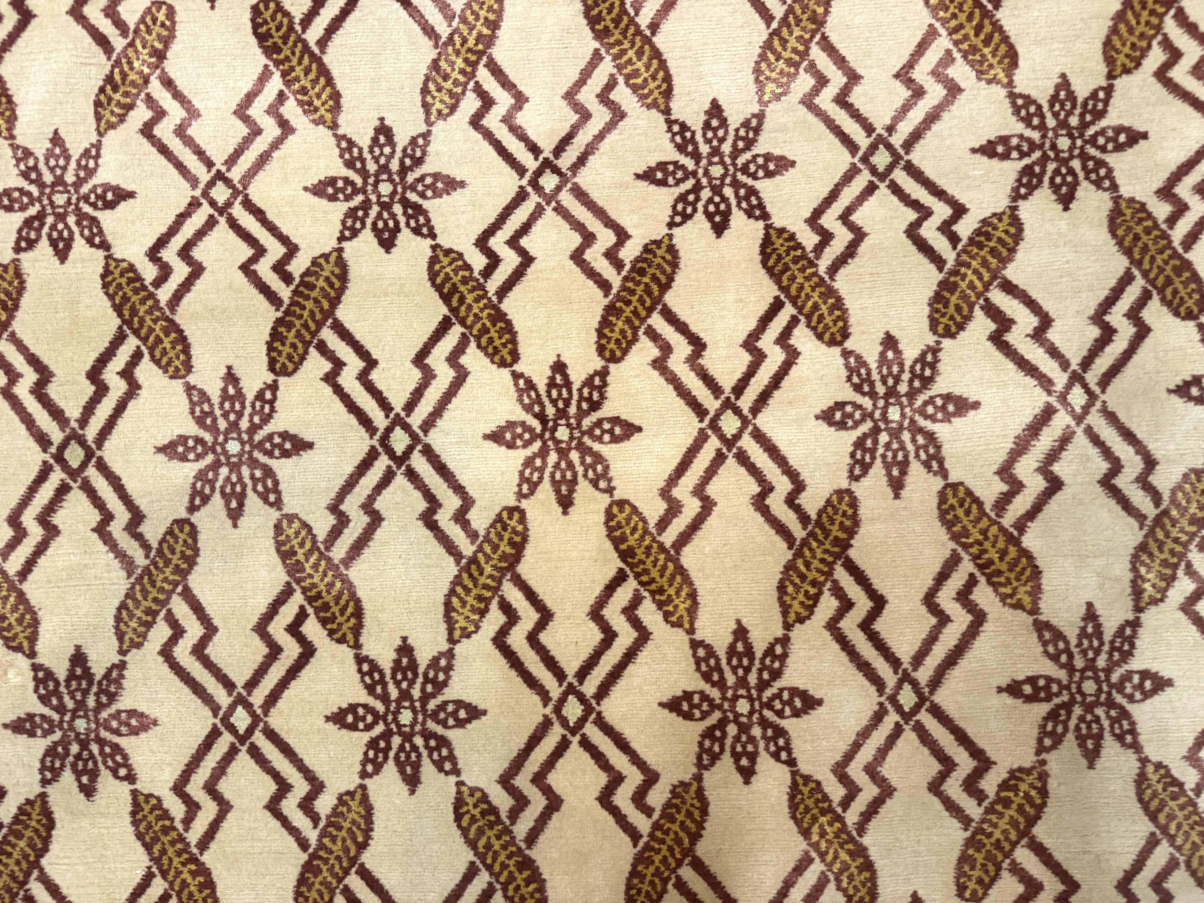 Tibetan Rug 8x10, Wool with Silk Highlights, Beige and Maroon, Contemporary Carpet - Image 4