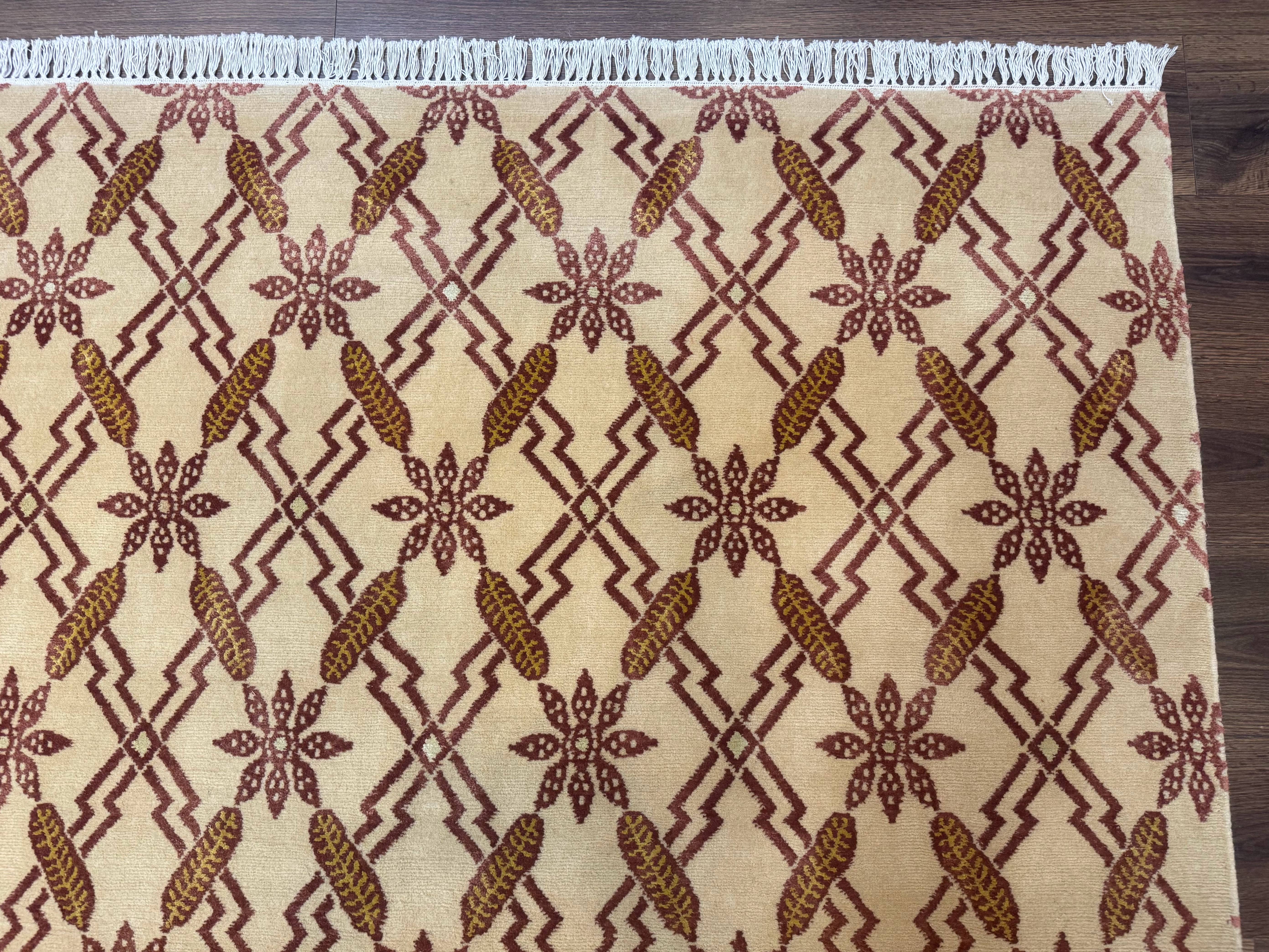 Tibetan Rug 8x10, Wool with Silk Highlights, Beige and Maroon, Contemporary Carpet - Image 7