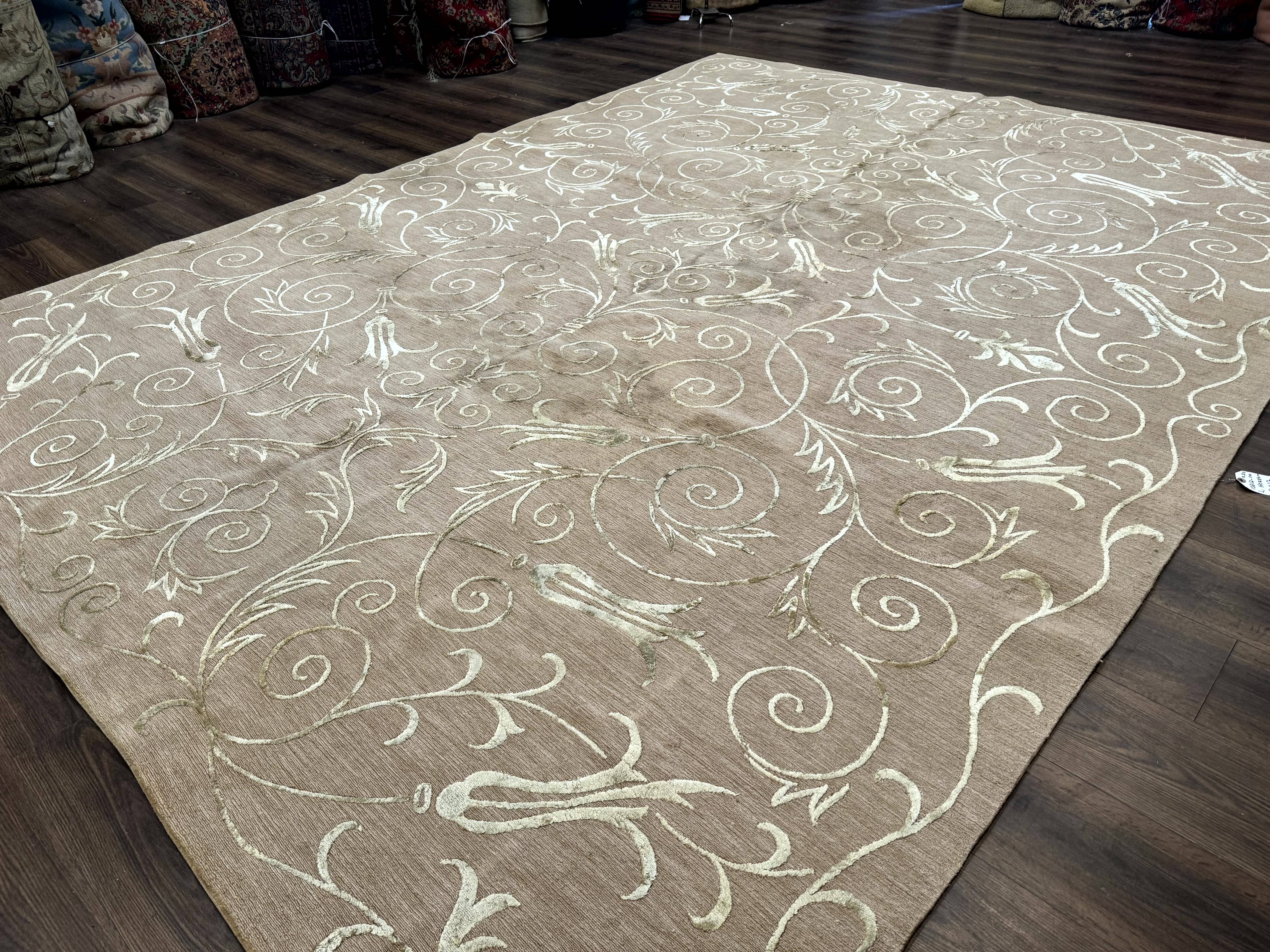 Tibetan Rug 9x12 Wool and Silk Beige Modern Handmade Carpet - Image 2