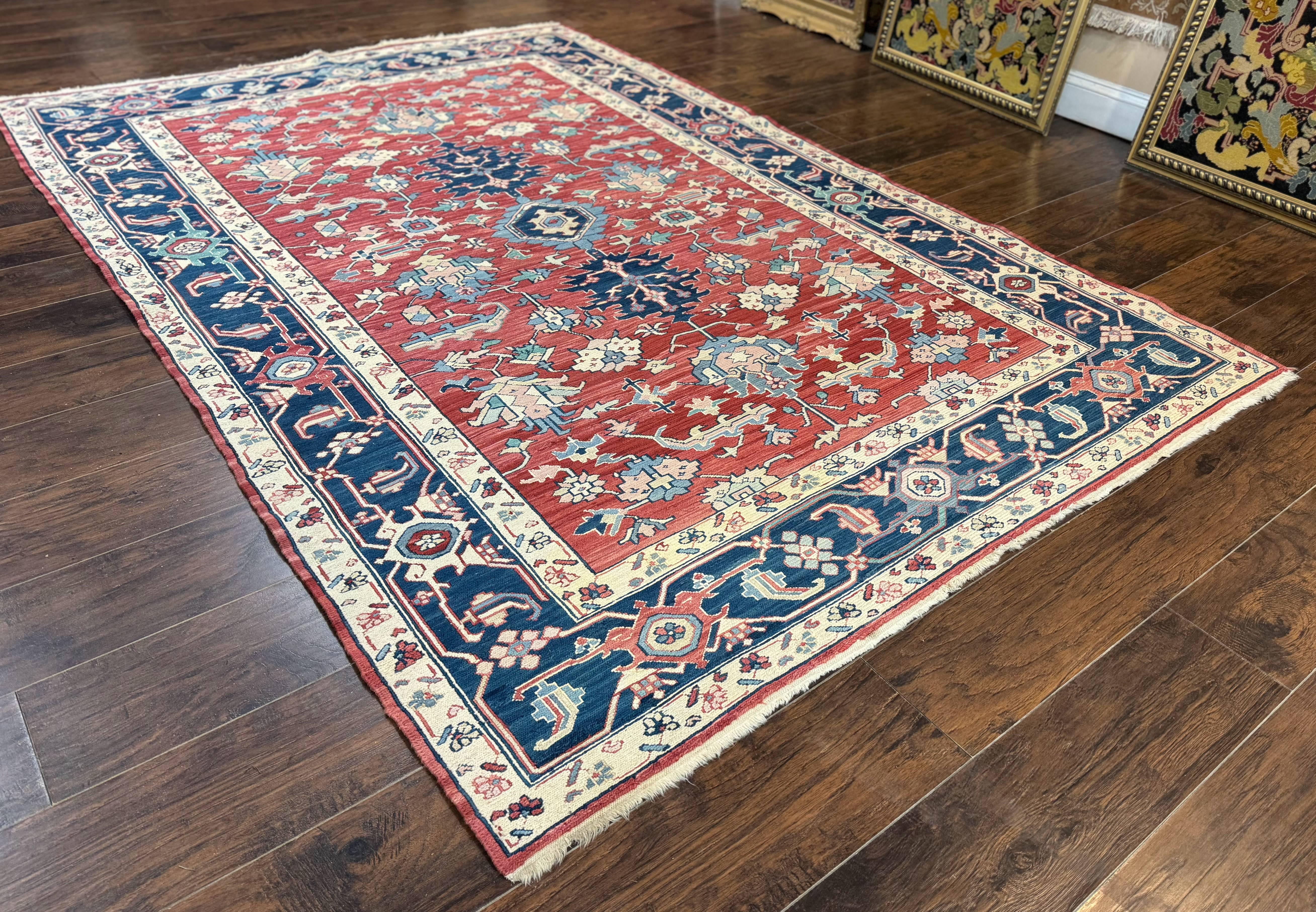 Turkish Flatweave Rug 6x9, Heriz Design, Red and Blue - Image 2
