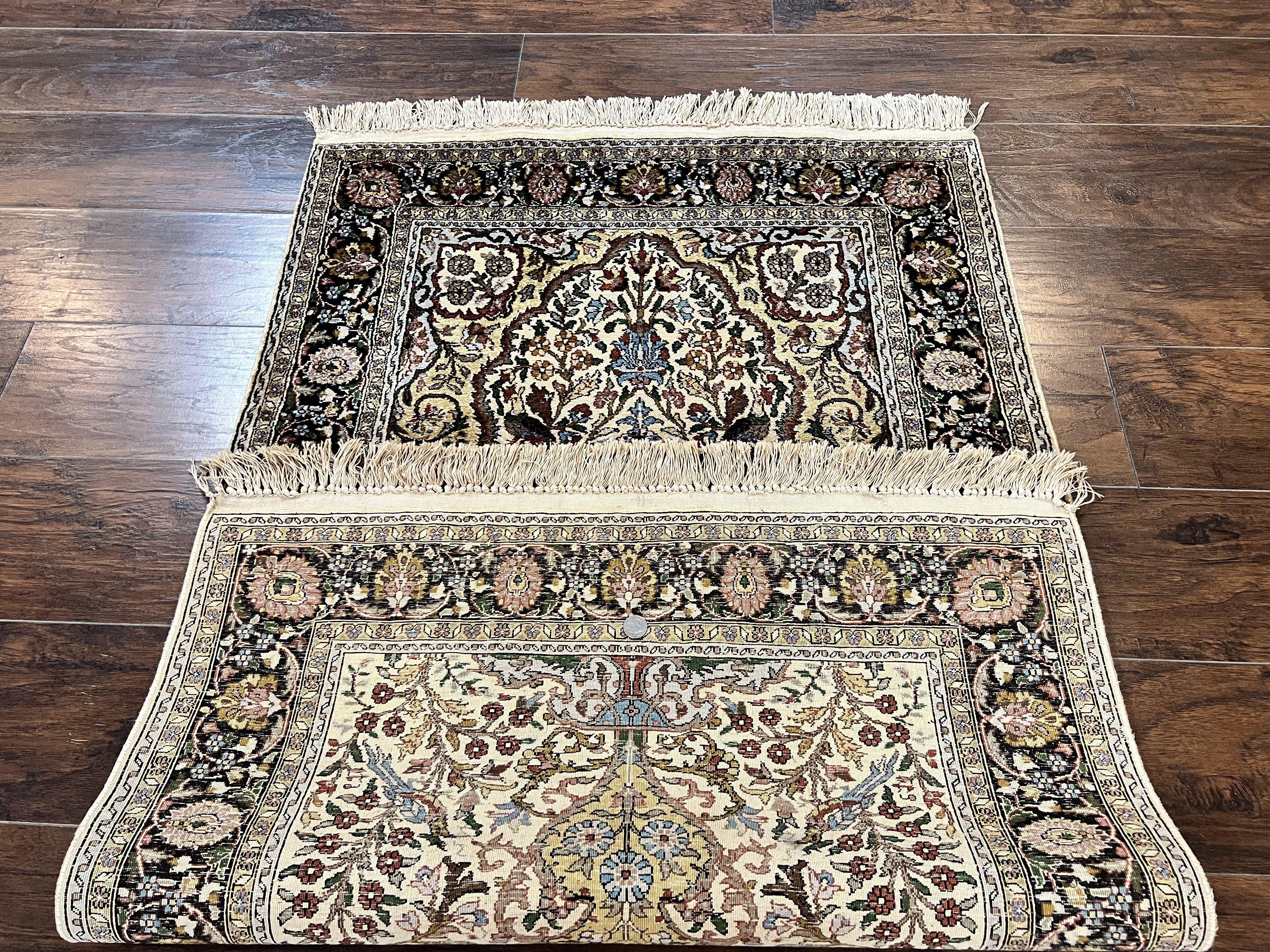 Turkish Kayseri Silk Rug 3x5, Tree of Life Silk Oriental Carpet, Birds Persian Vase Design, Hand Knotted Vintage Fine Rug, 340 KPSI - Image 11