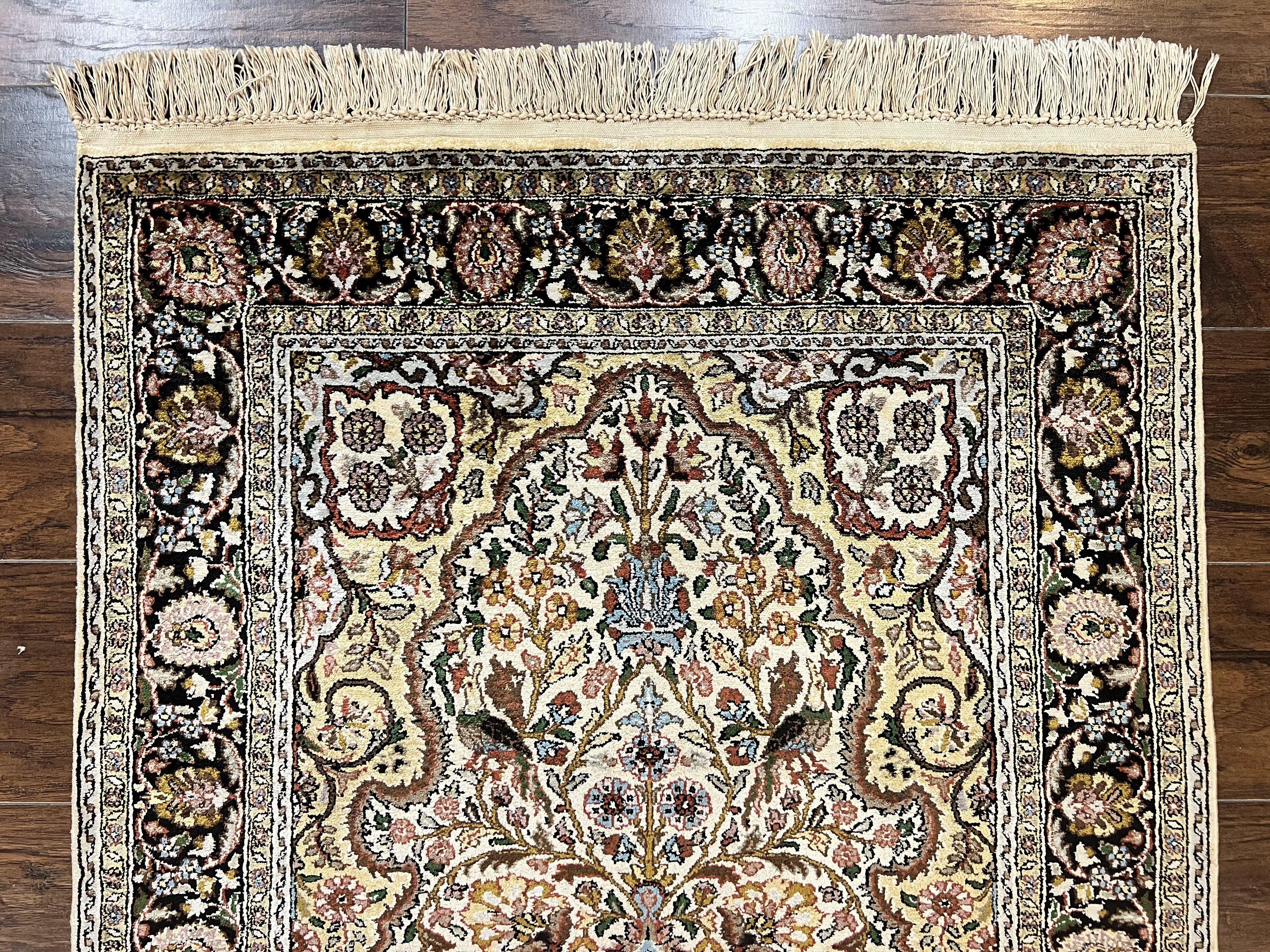 Turkish Kayseri Silk Rug 3x5, Tree of Life Silk Oriental Carpet, Birds Persian Vase Design, Hand Knotted Vintage Fine Rug, 340 KPSI - Image 3