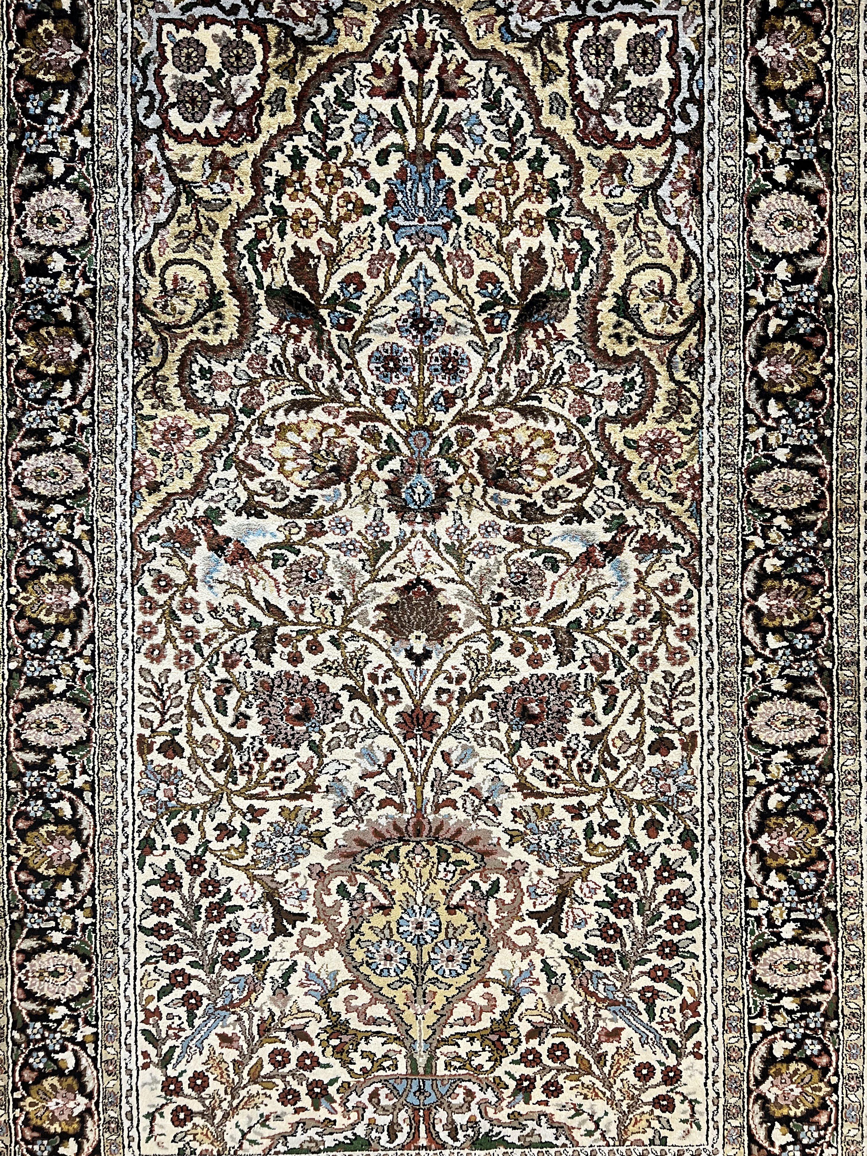Turkish Kayseri Silk Rug 3x5, Tree of Life Silk Oriental Carpet, Birds Persian Vase Design, Hand Knotted Vintage Fine Rug, 340 KPSI - Image 4
