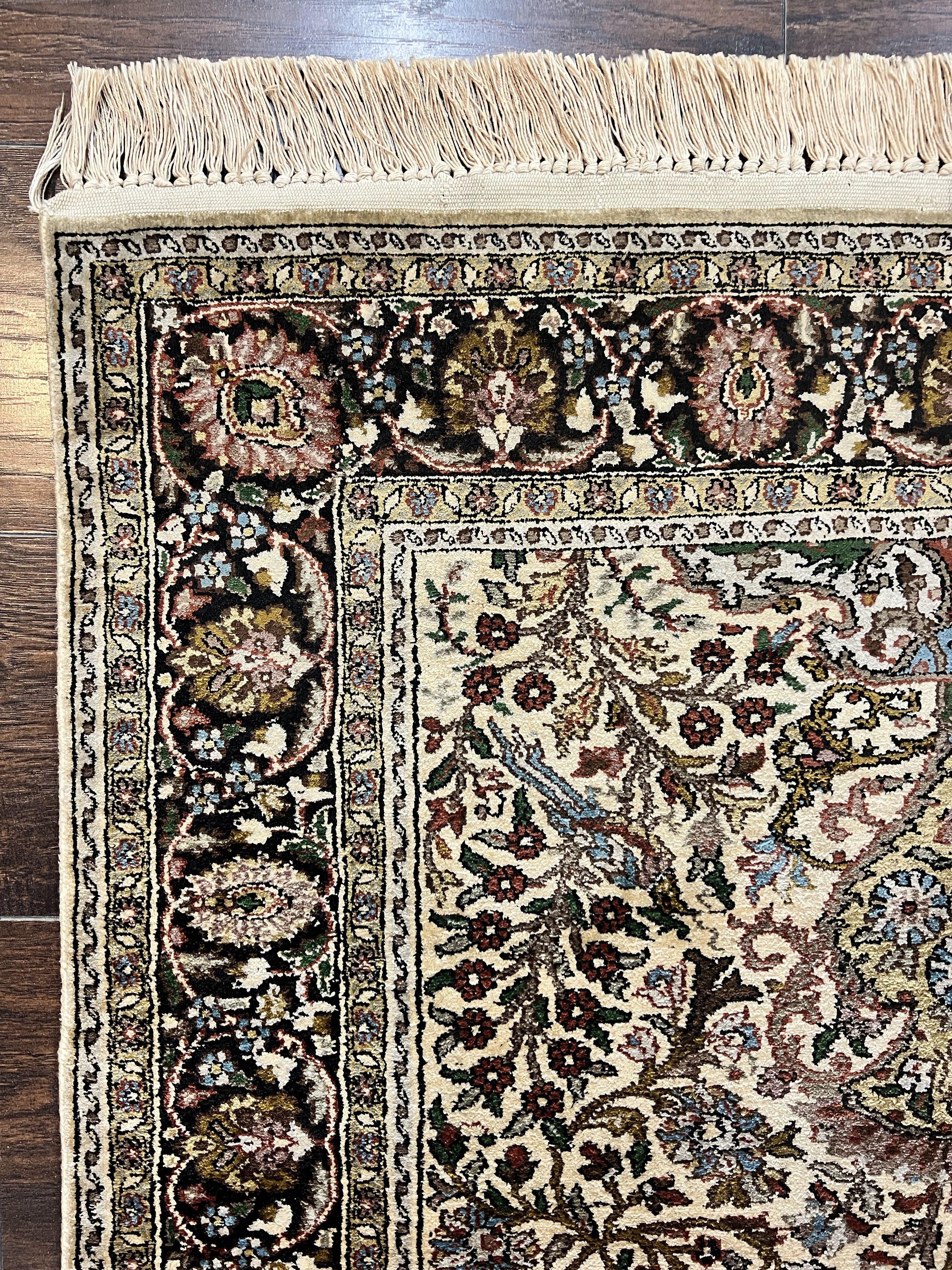 Turkish Kayseri Silk Rug 3x5, Tree of Life Silk Oriental Carpet, Birds Persian Vase Design, Hand Knotted Vintage Fine Rug, 340 KPSI - Image 6