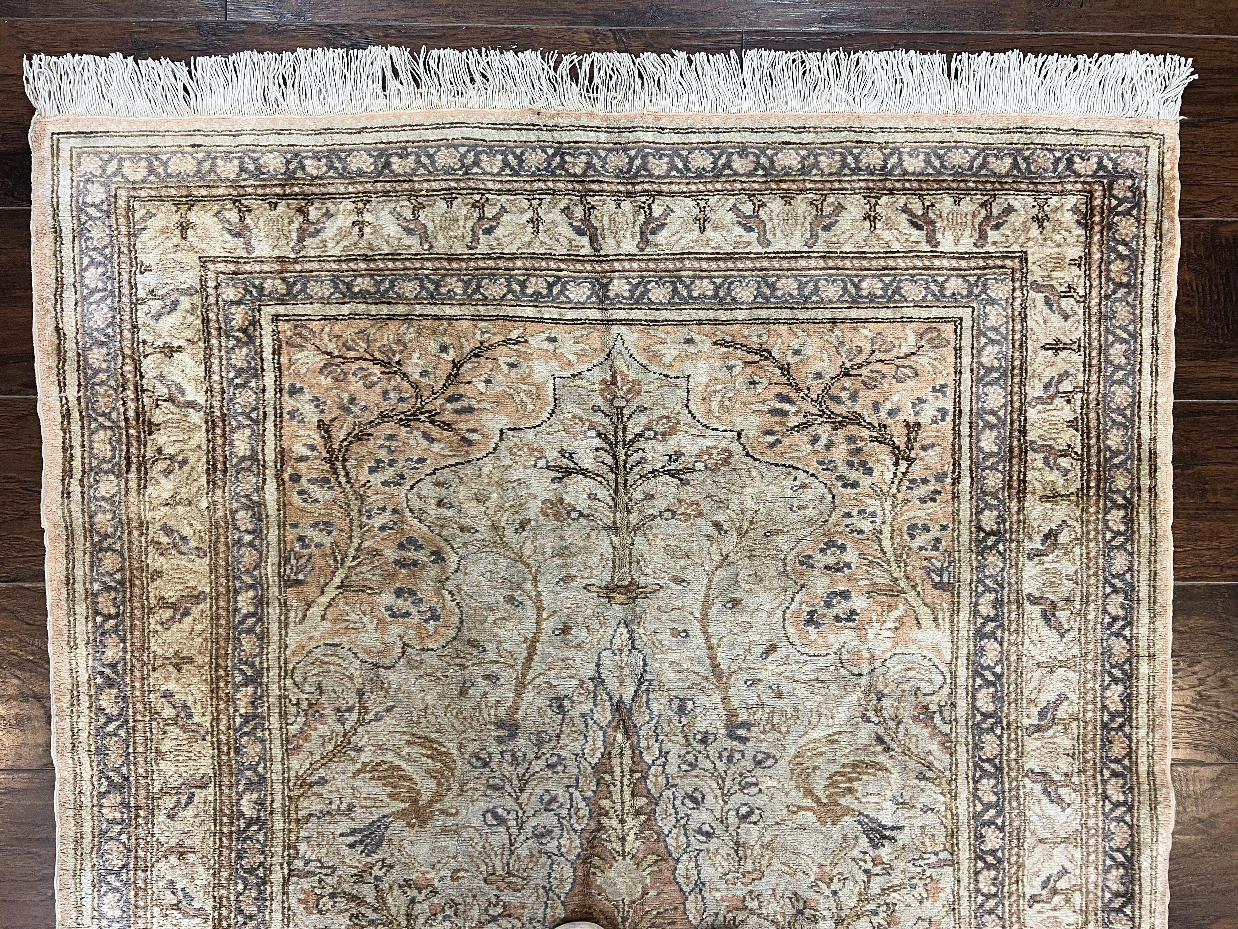 Turkish Kayseri Silk Rug 4x6, Tree of Life Pattern, Vintage Handmade Hand Knotted Carpet, Animal Pictorials, Birds - Image 3
